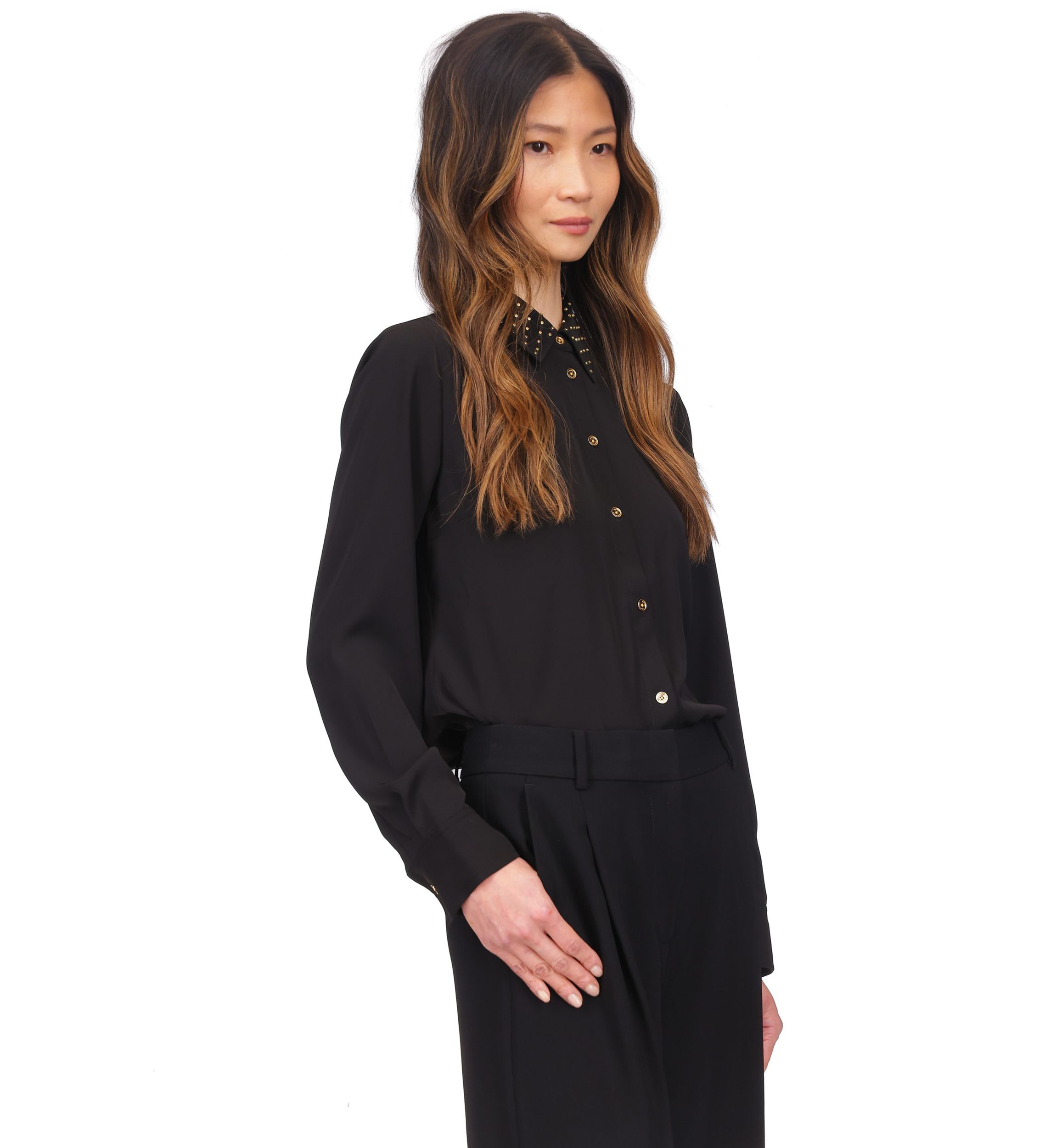 Womens Long Sleeve Studded Collar Button Up Shirt 