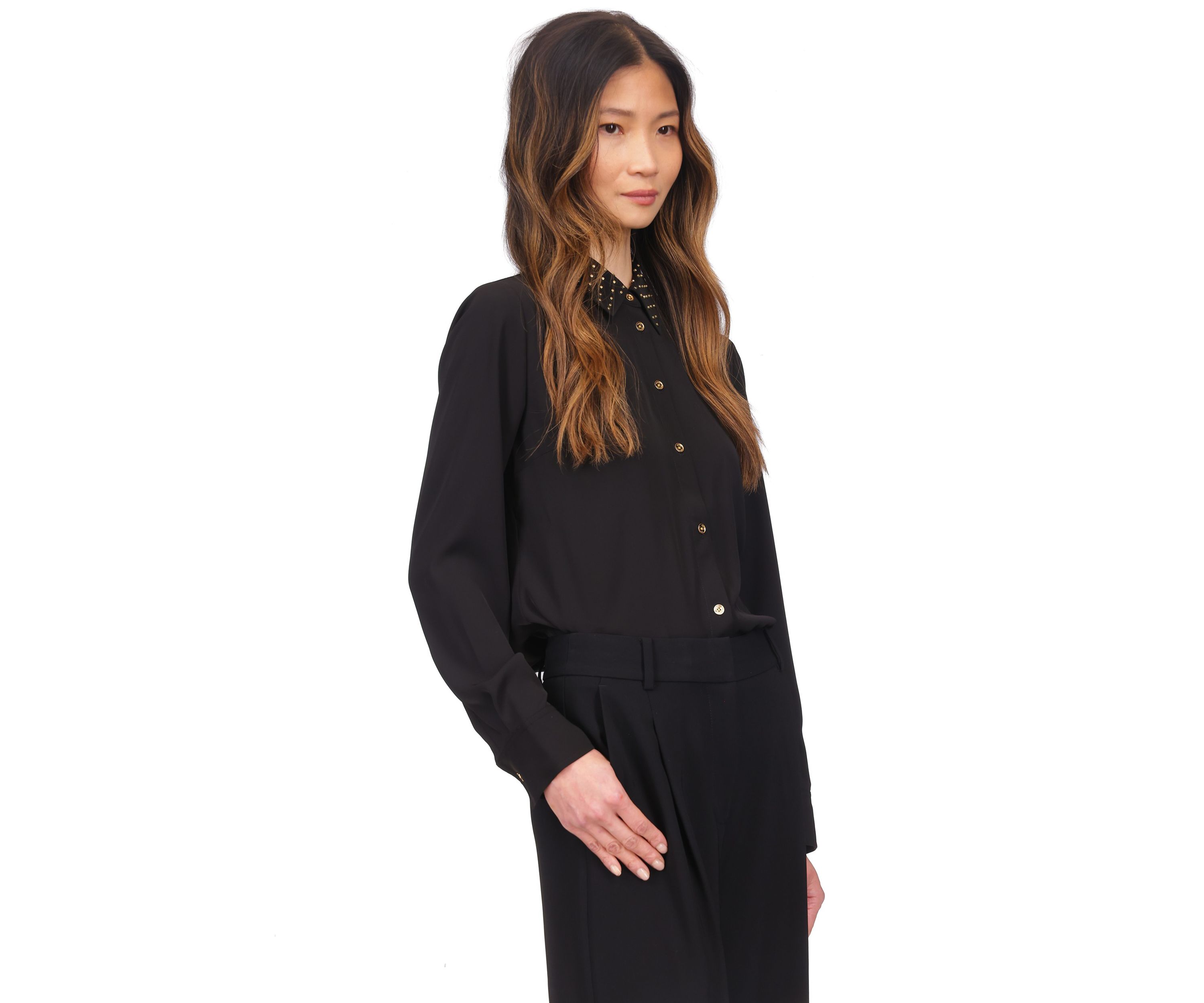 Womens Long Sleeve Studded Collar Button Up Shirt 