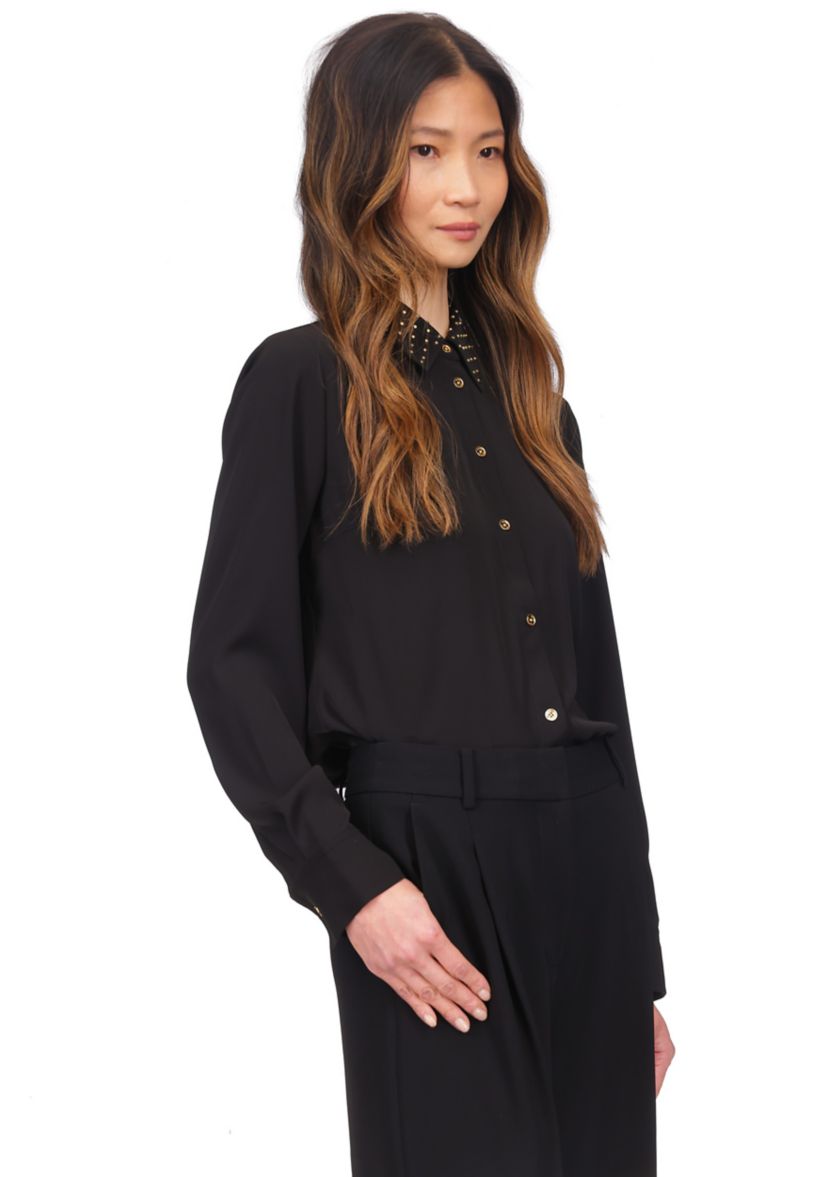 Womens Long Sleeve Studded Collar Button Up Shirt 