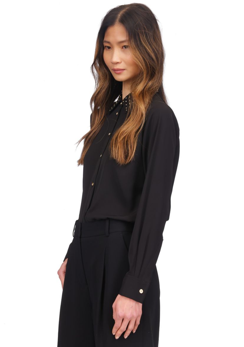 Womens Long Sleeve Studded Collar Button Up Shirt 