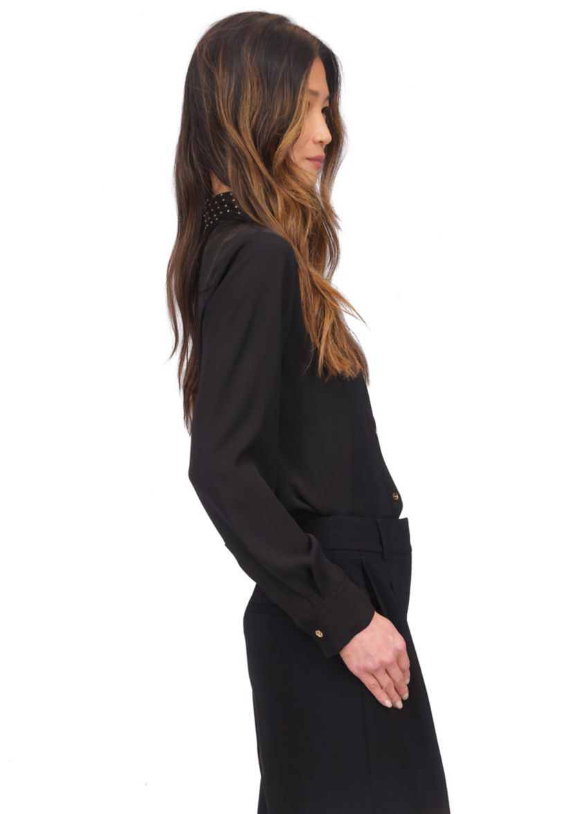 Womens Long Sleeve Studded Collar Button Up Shirt 