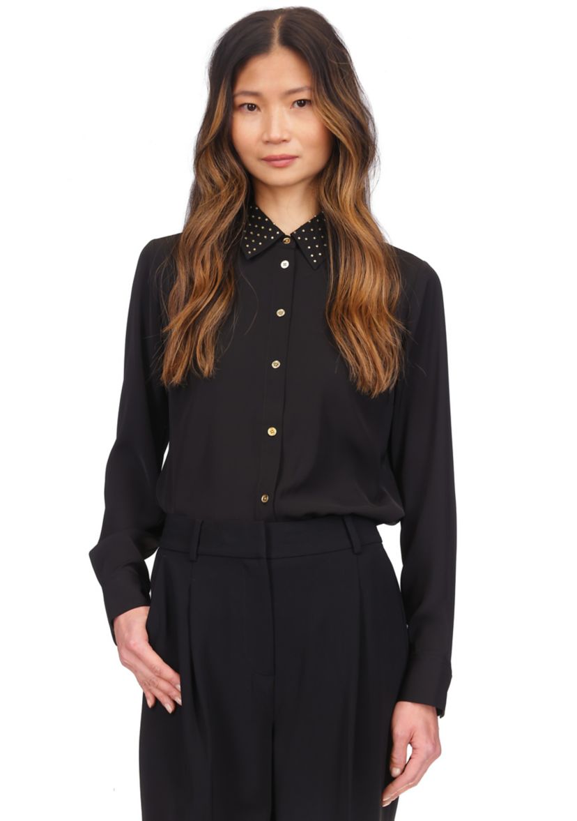 Womens Long Sleeve Studded Collar Button Up Shirt 