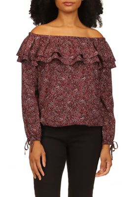 MICHAEL Michael Kors Women's Off the Shoulder Paisley Print Ruffle Top, Pink, XS -  0196163389530