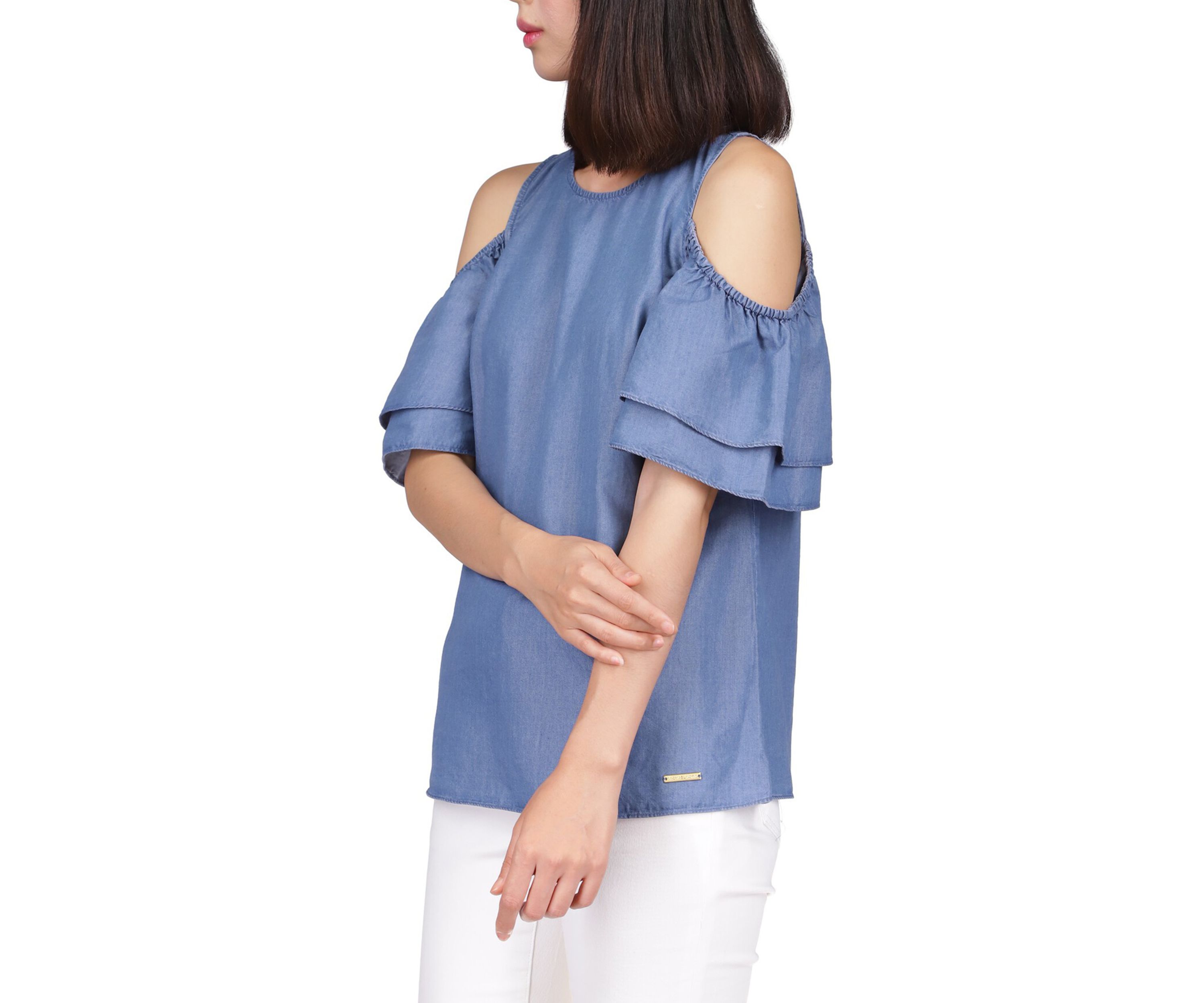 Womens Ruffle Cold Shoulder Top