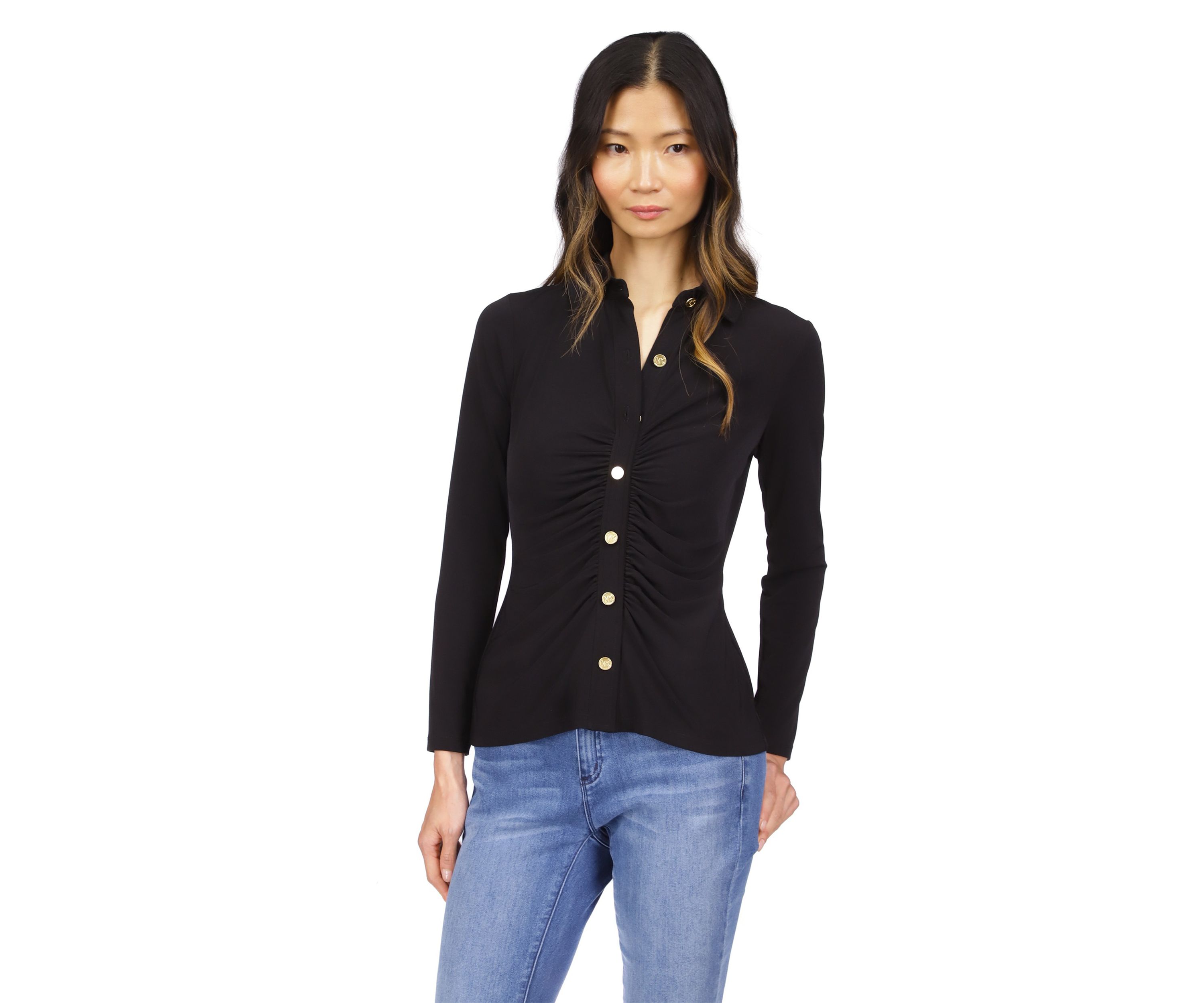 Womens Button Front Ruched Top