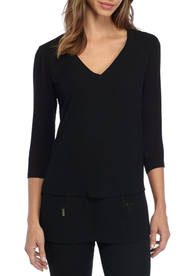 Womens V Neck Mixed Media 3/4 Sleeve Blouse