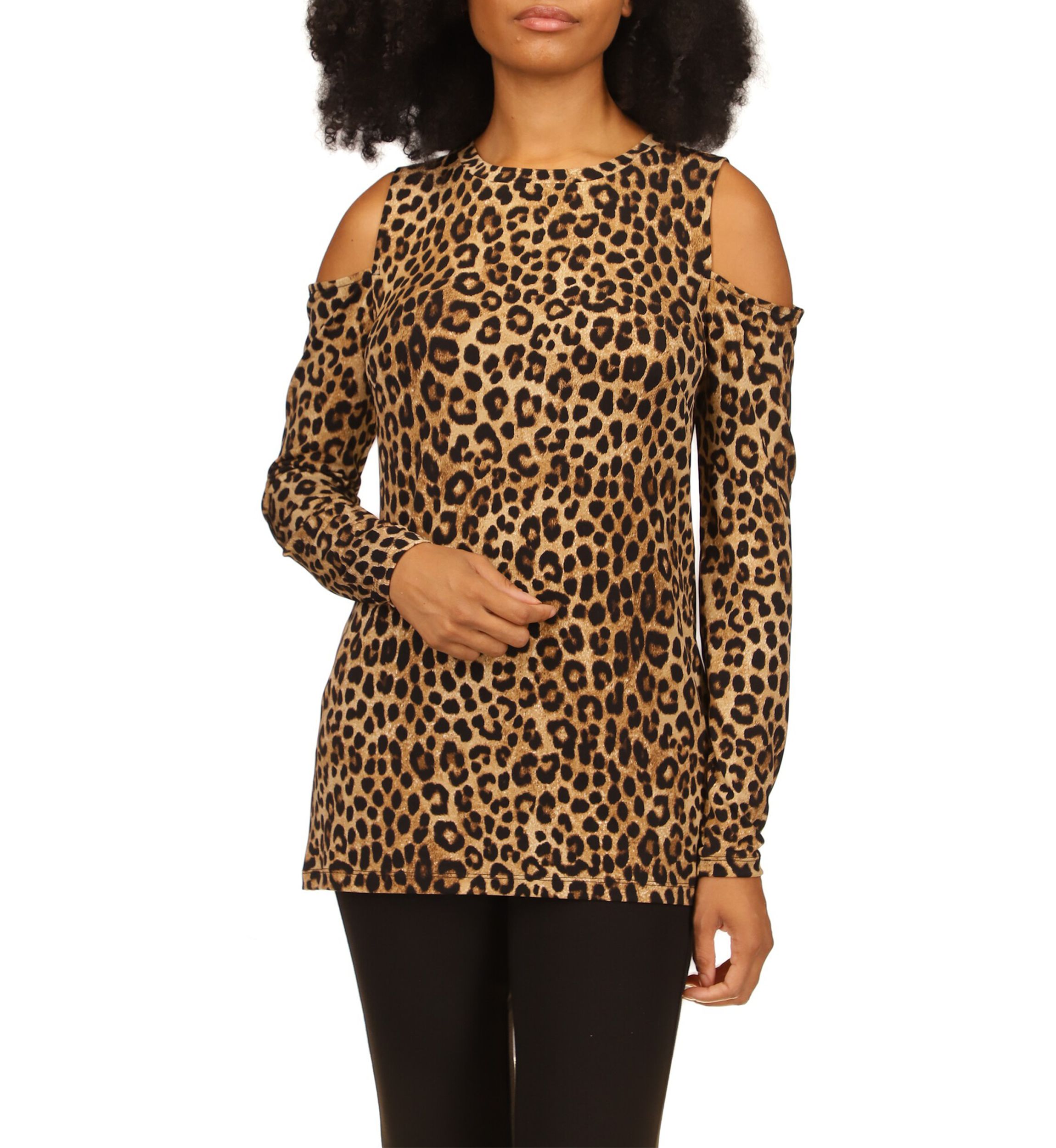 Womens Cheetah Print Long Sleeve Cold Shoulder Shirt