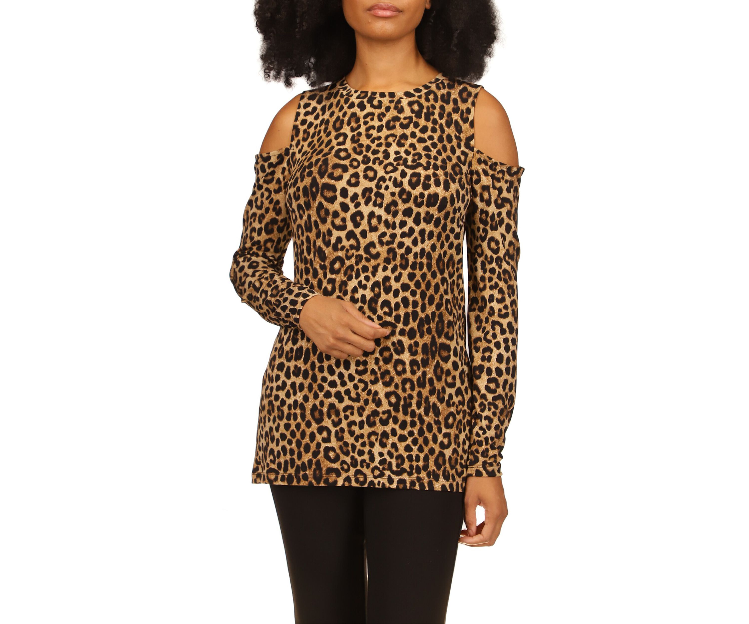 Womens Cheetah Print Long Sleeve Cold Shoulder Shirt
