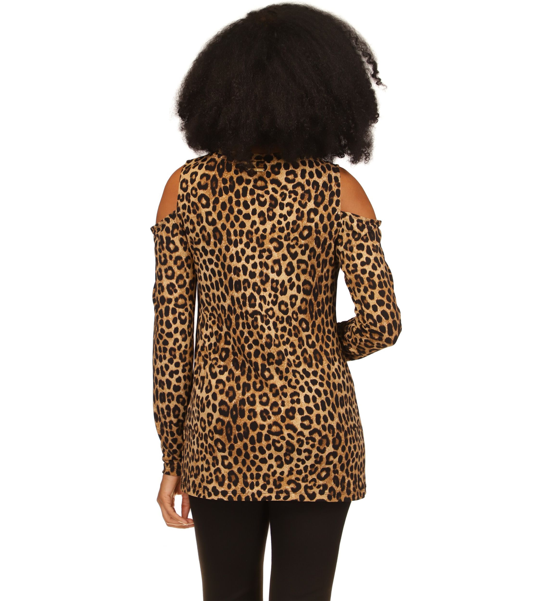 Womens Cheetah Print Long Sleeve Cold Shoulder Shirt