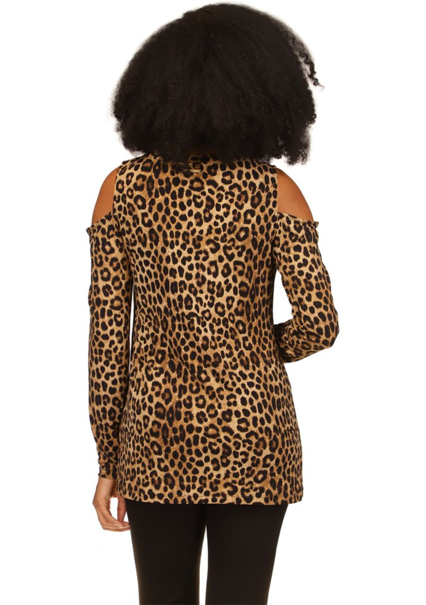 Womens Cheetah Print Long Sleeve Cold Shoulder Shirt