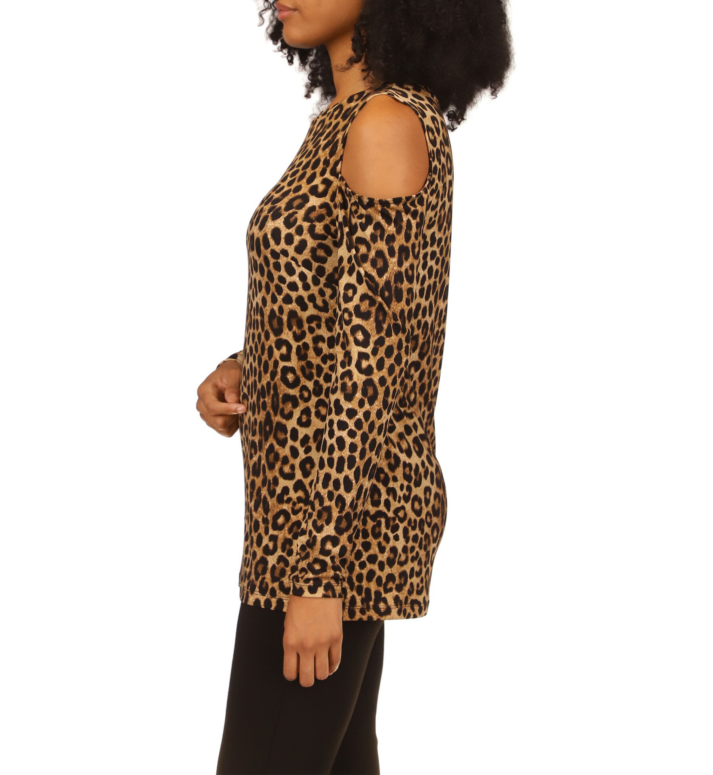Womens Cheetah Print Long Sleeve Cold Shoulder Shirt