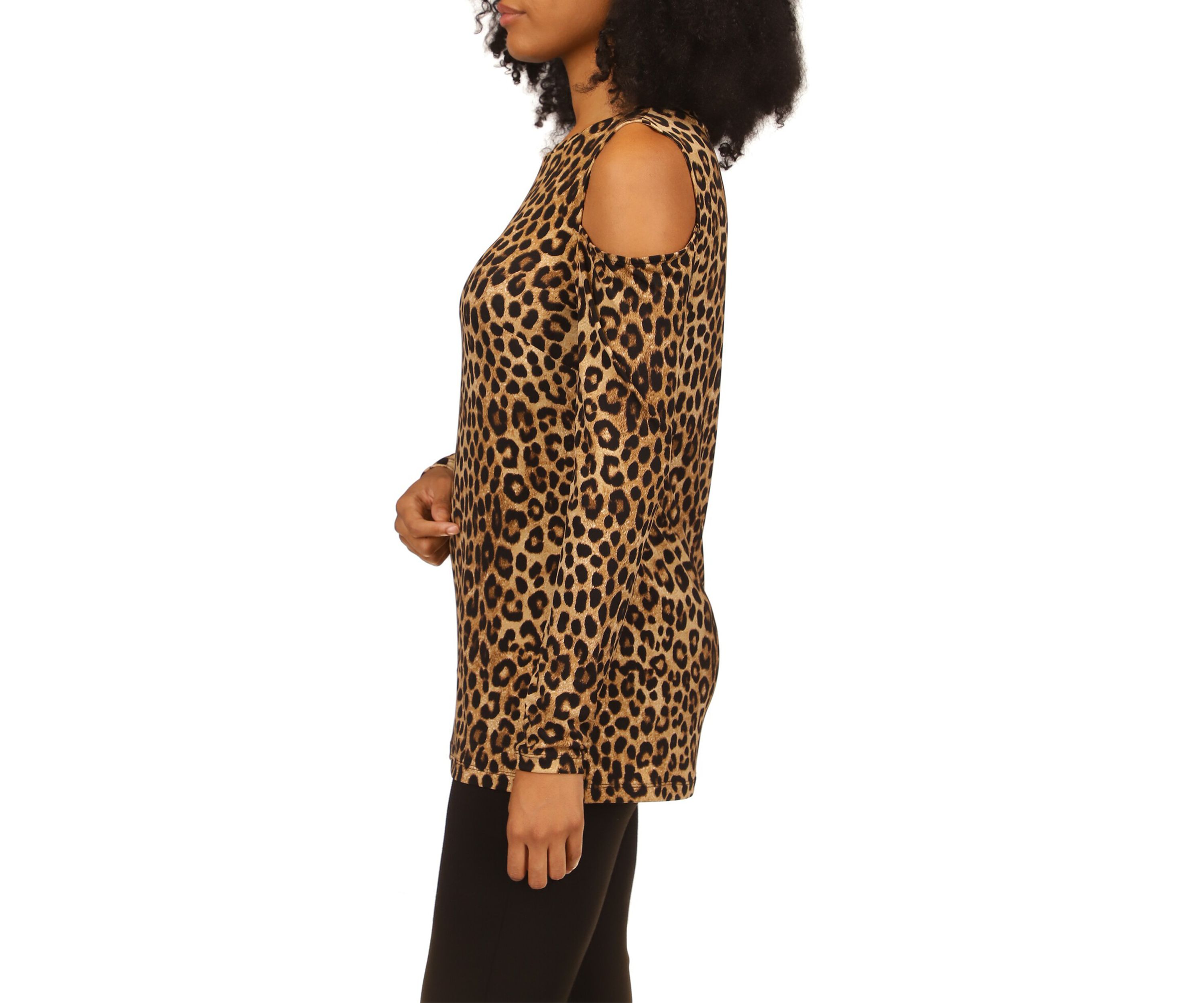Womens Cheetah Print Long Sleeve Cold Shoulder Shirt