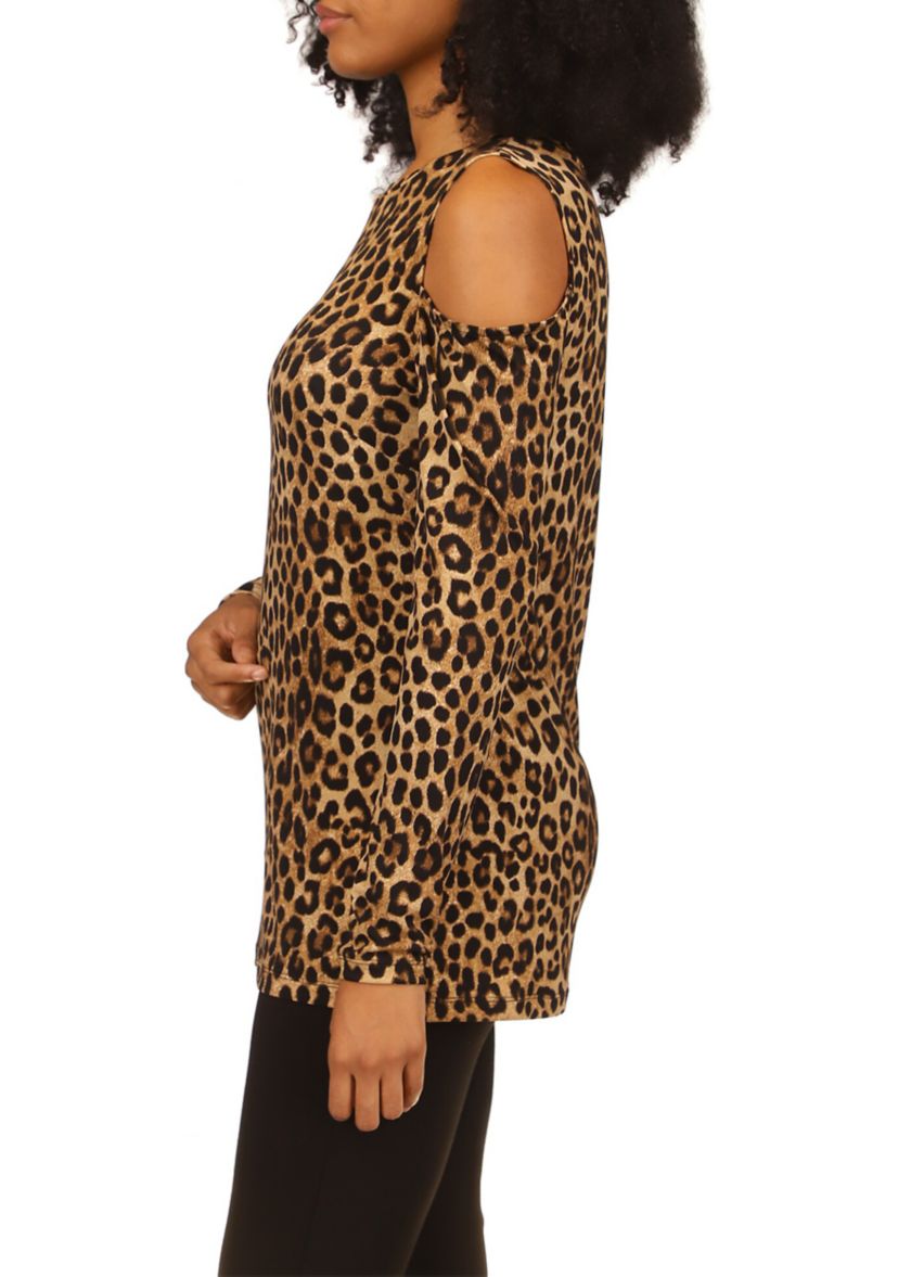 Womens Cheetah Print Long Sleeve Cold Shoulder Shirt