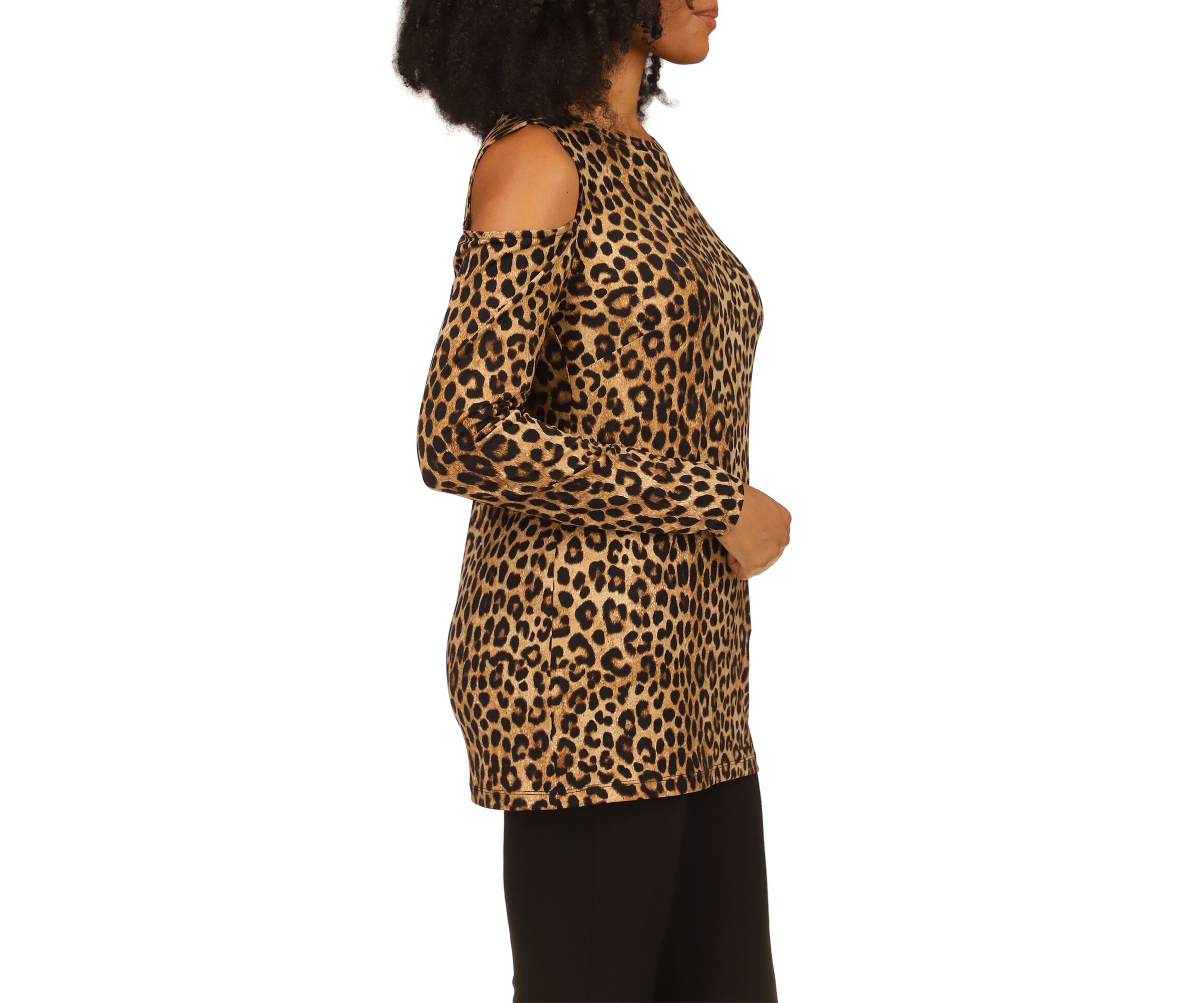 Womens Cheetah Print Long Sleeve Cold Shoulder Shirt