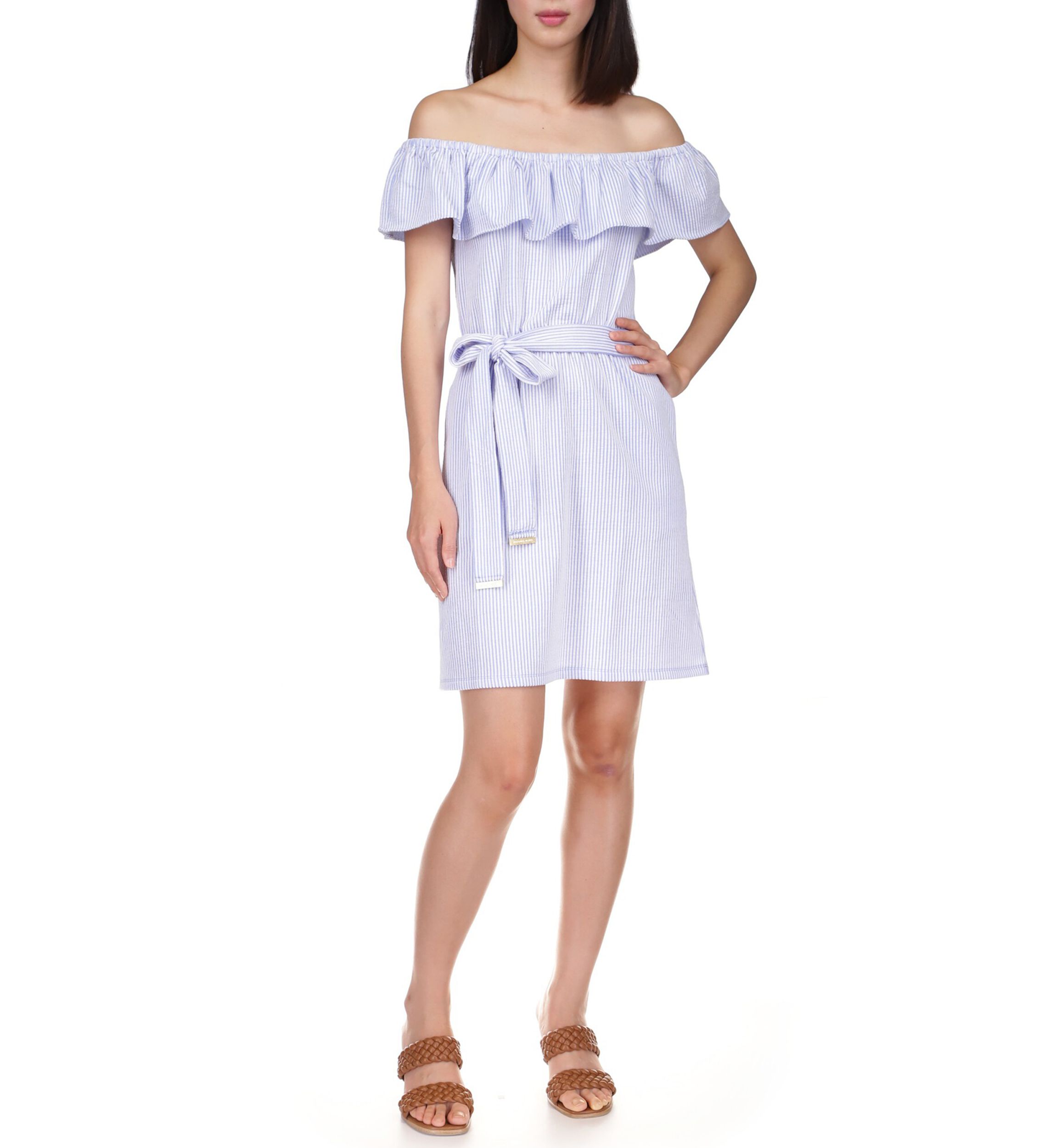 Womens Ruffled Off the Shoulder Tie Waist Dress