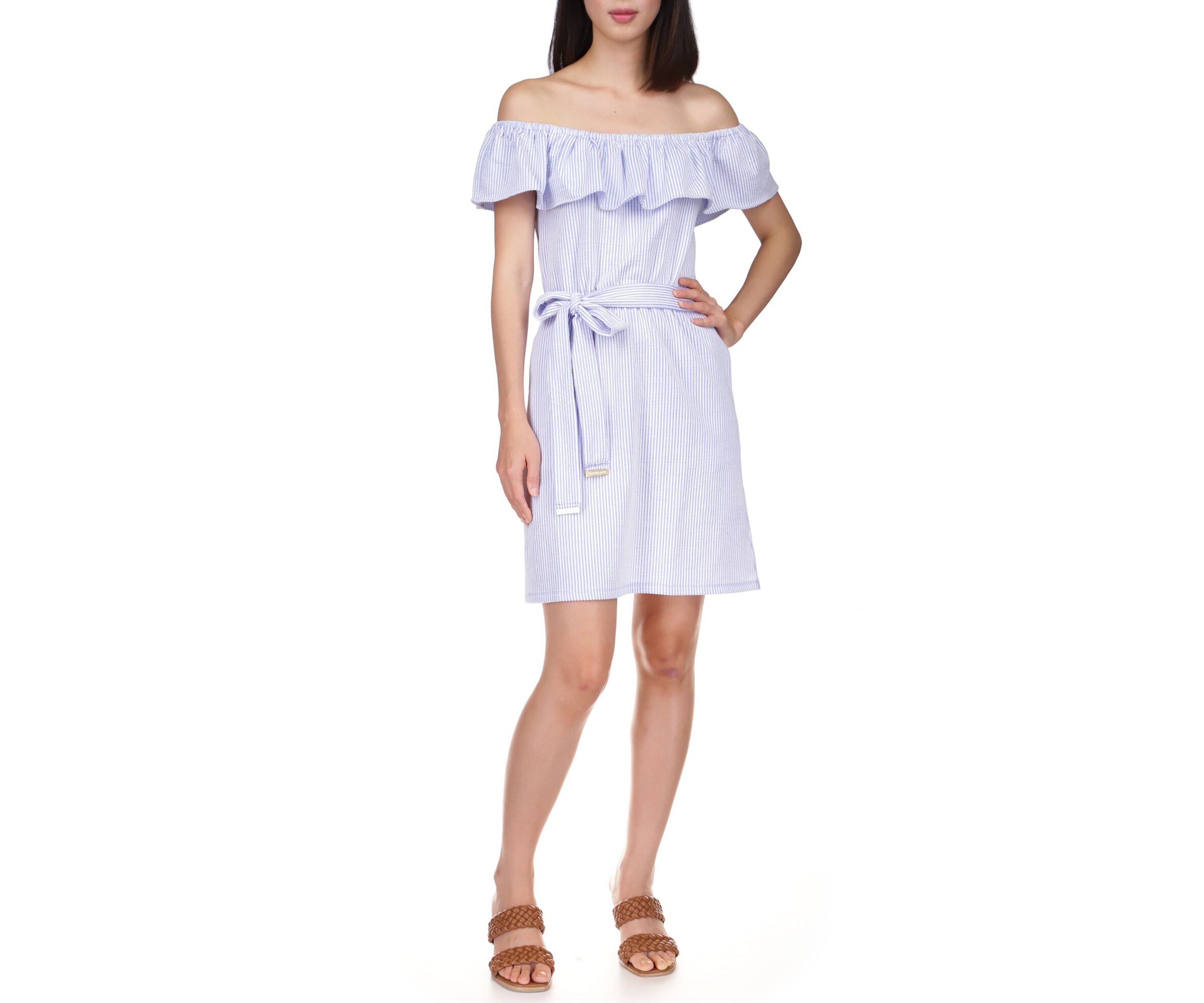 Womens Ruffled Off the Shoulder Tie Waist Dress