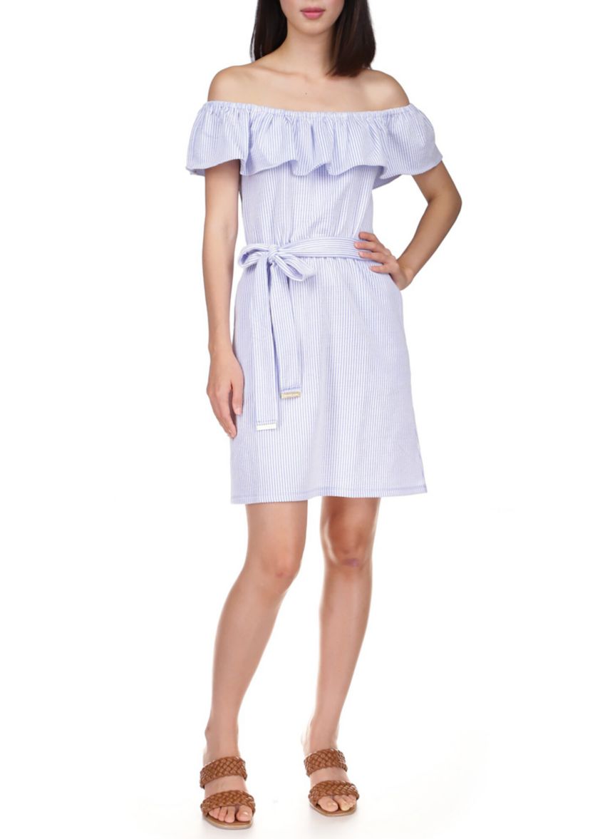 Womens Ruffled Off the Shoulder Tie Waist Dress
