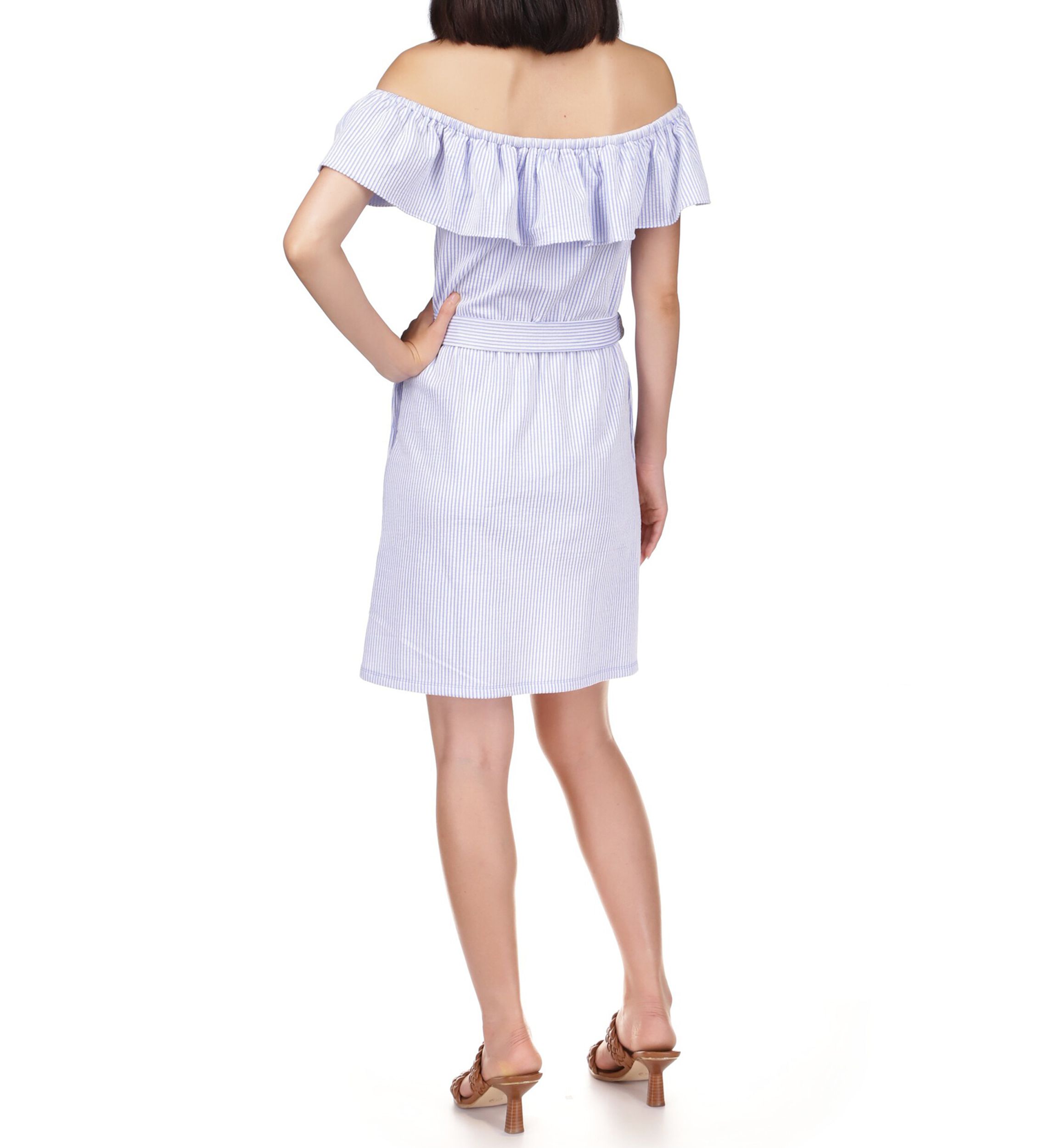 Womens Ruffled Off the Shoulder Tie Waist Dress