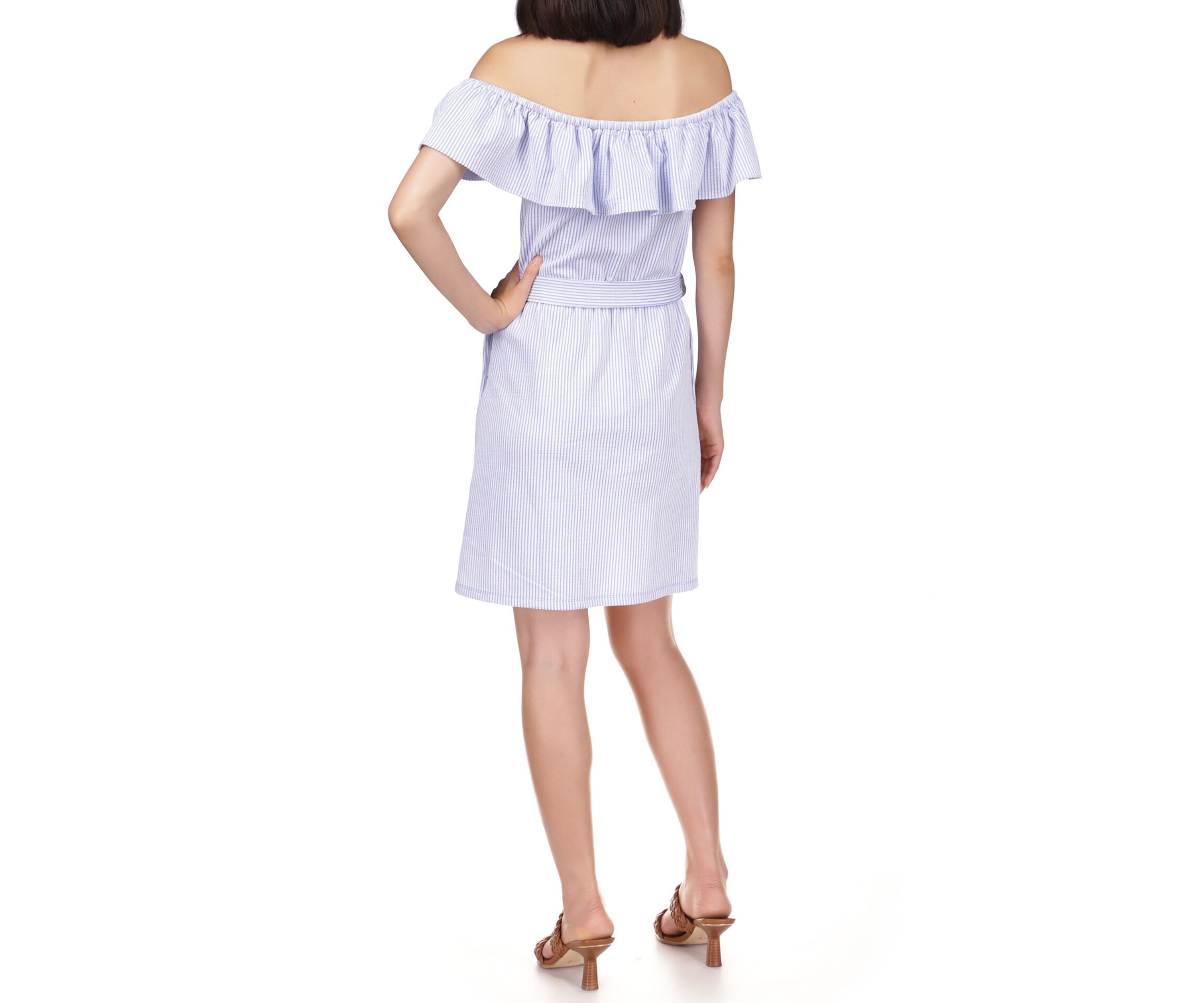 Womens Ruffled Off the Shoulder Tie Waist Dress