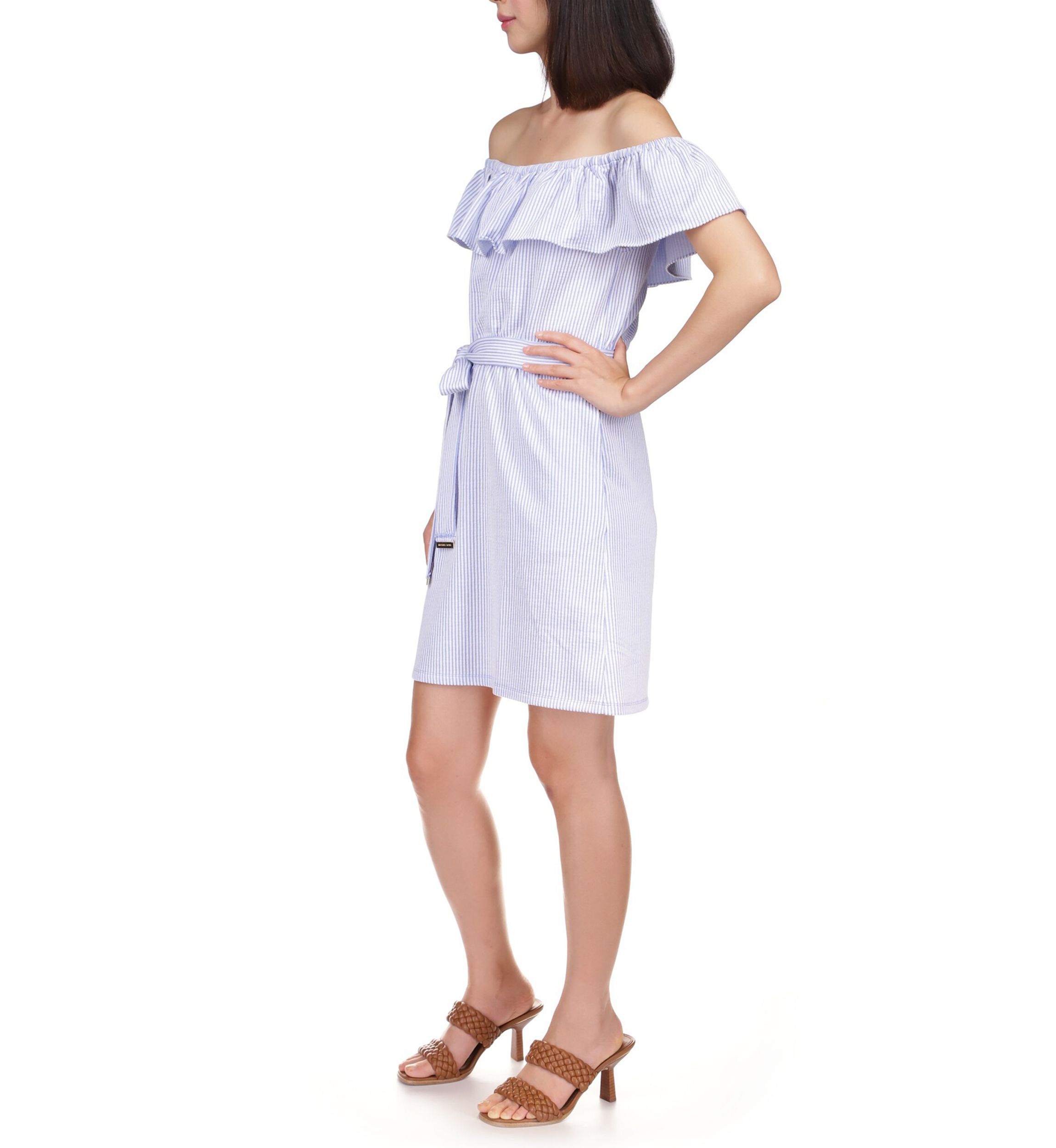 Womens Ruffled Off the Shoulder Tie Waist Dress
