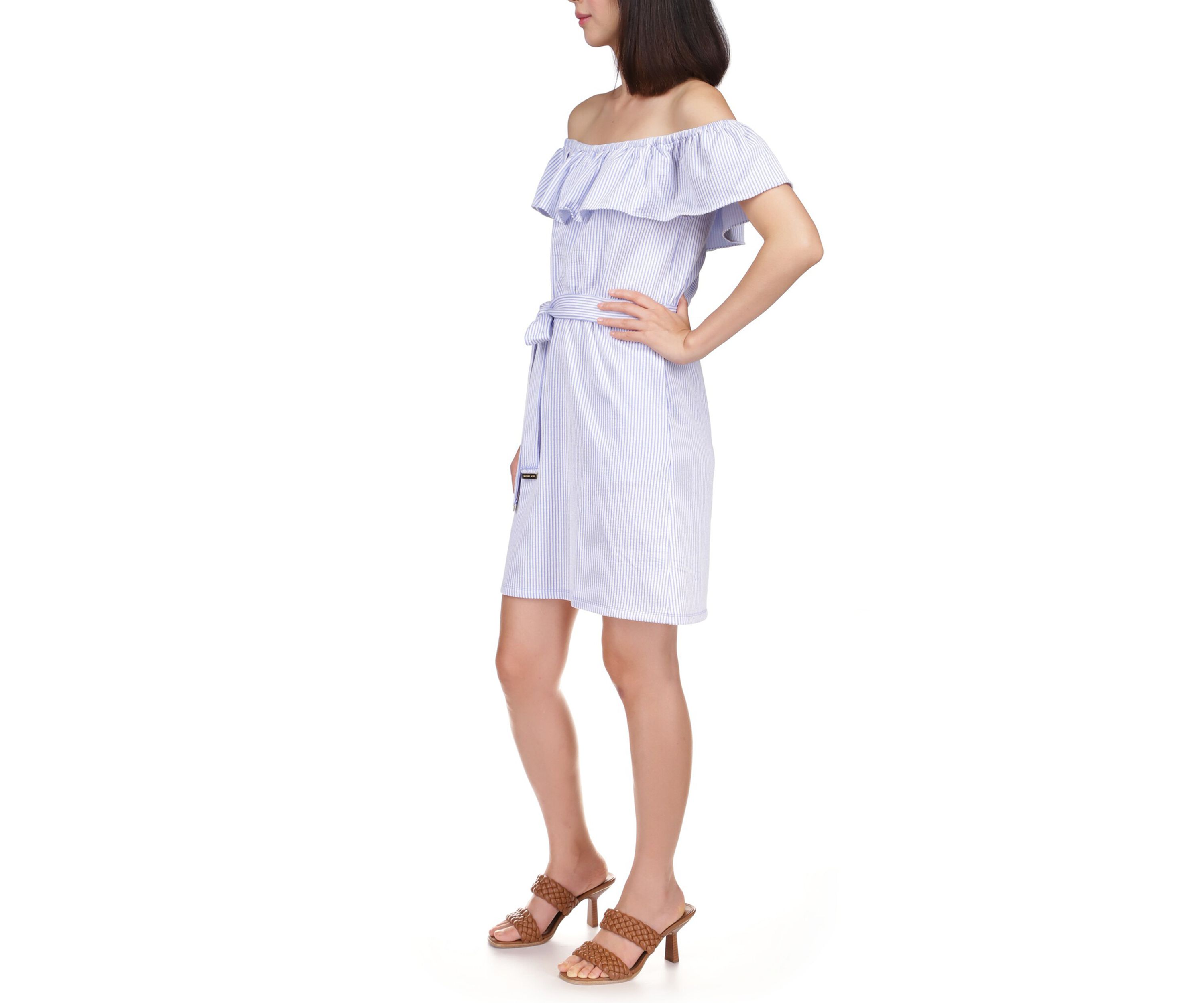 Womens Ruffled Off the Shoulder Tie Waist Dress