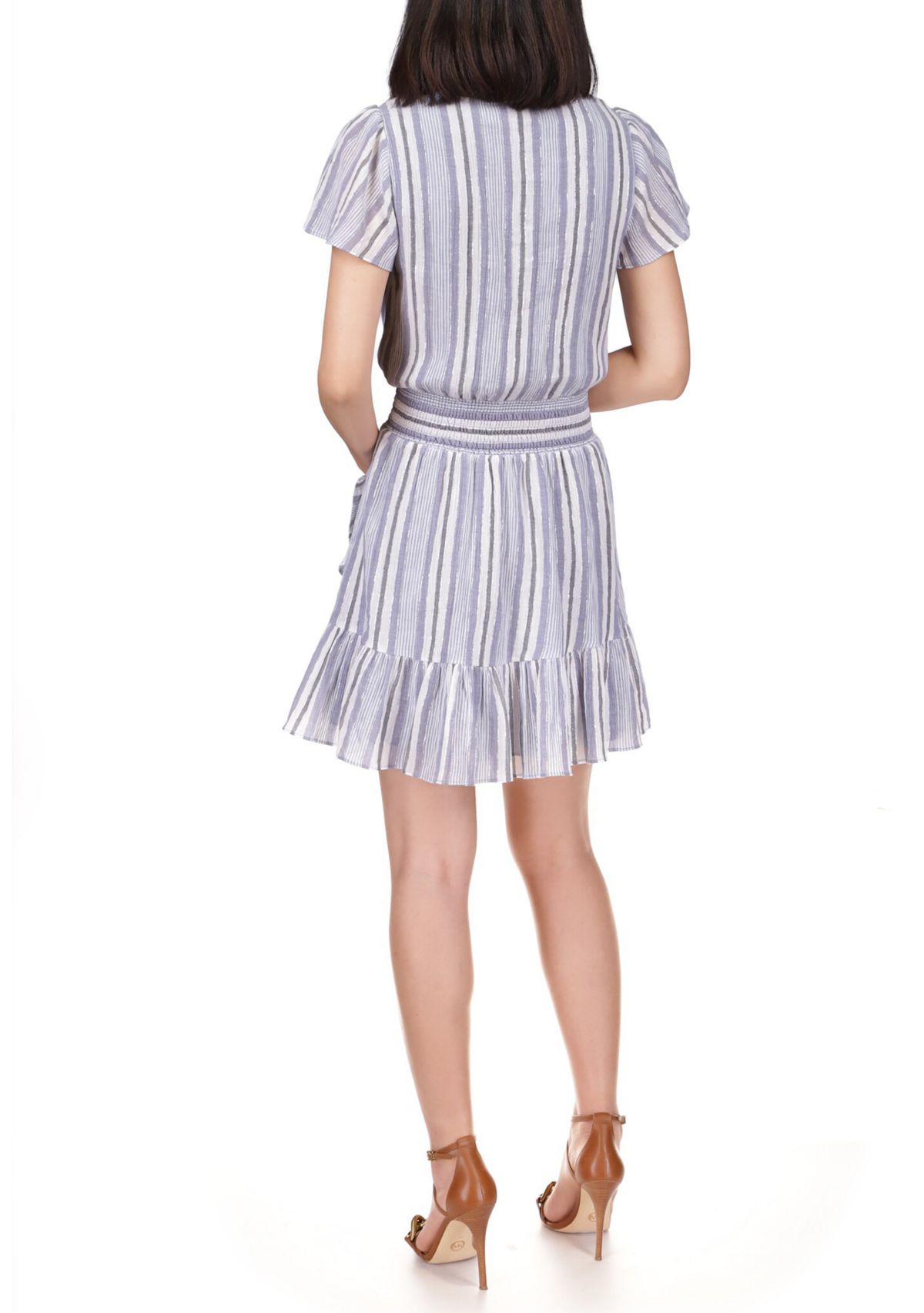 Womens Striped Faux Wrap Flutter Sleeve Dress