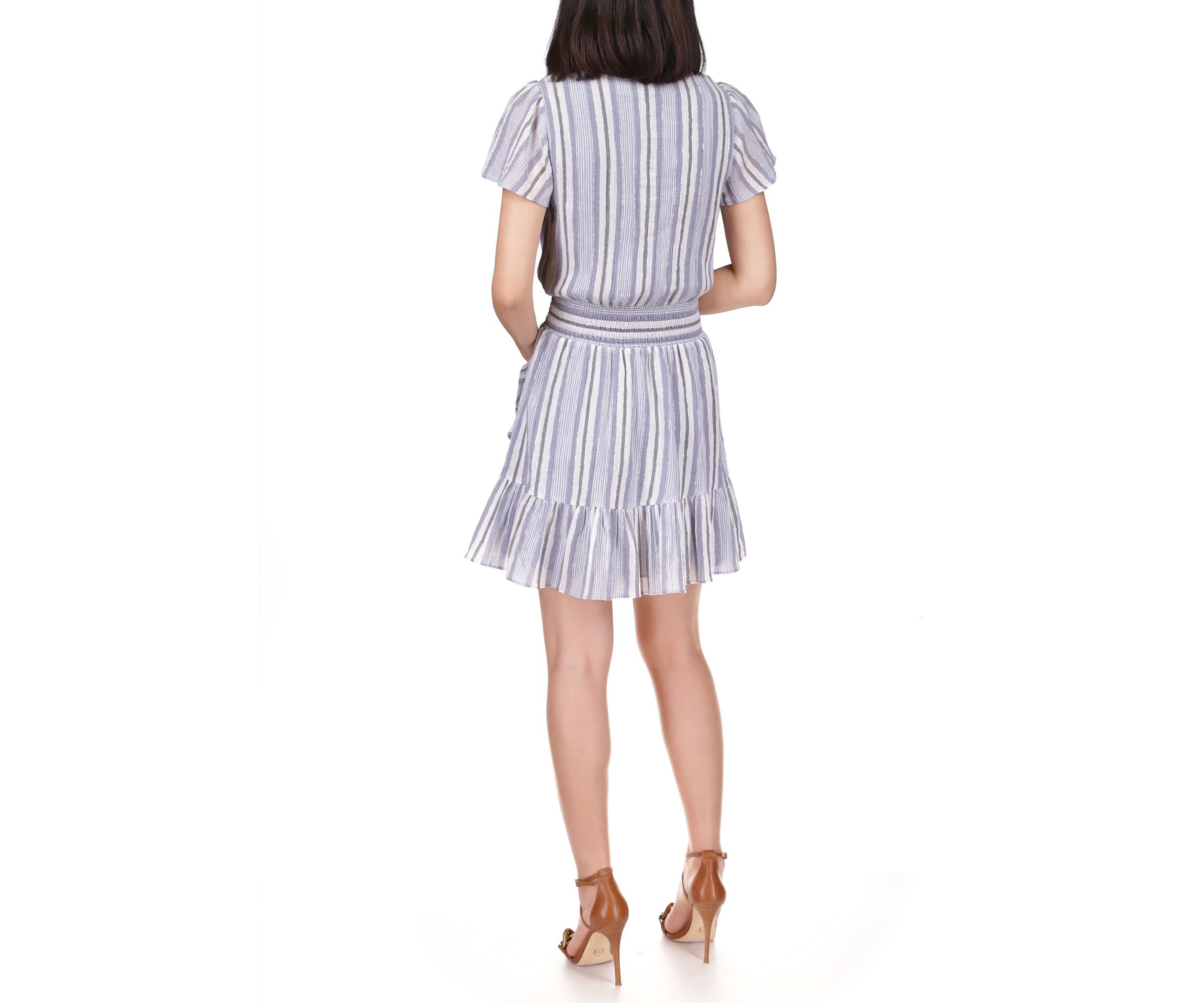 Womens Striped Faux Wrap Flutter Sleeve Dress