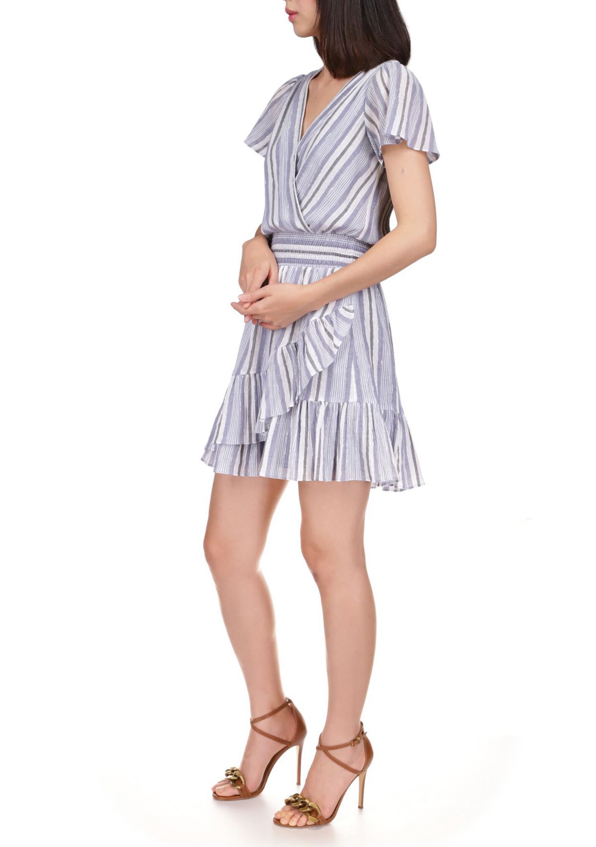 Womens Striped Faux Wrap Flutter Sleeve Dress