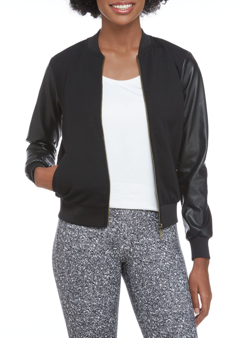 Womens Leather Ponte Bomber Jacket