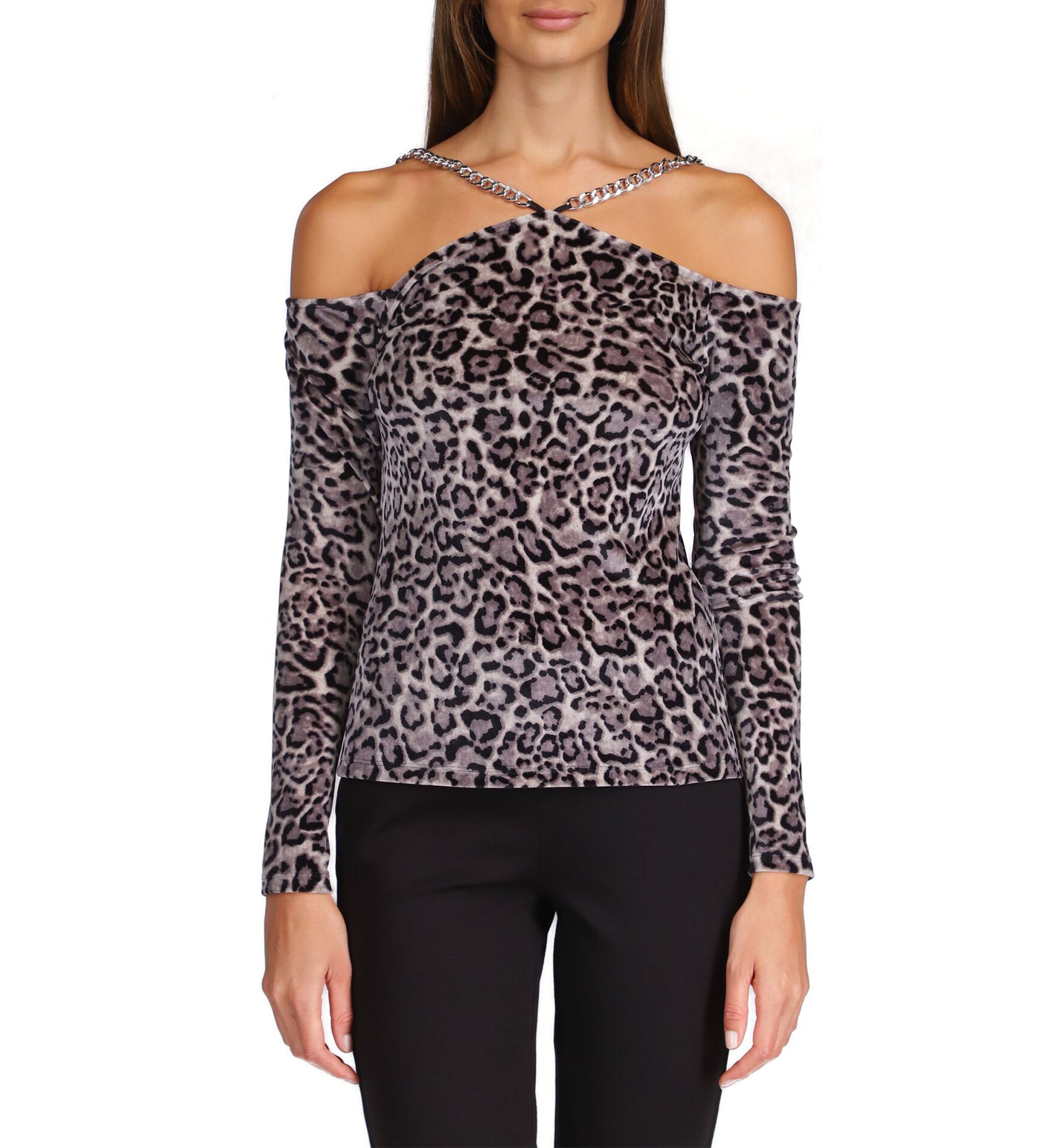 Womens Velvet Chain Cold Shoulder Top