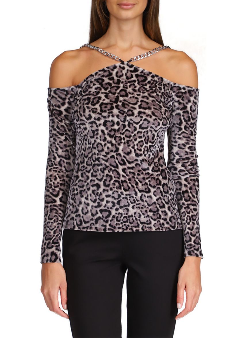 Womens Velvet Chain Cold Shoulder Top