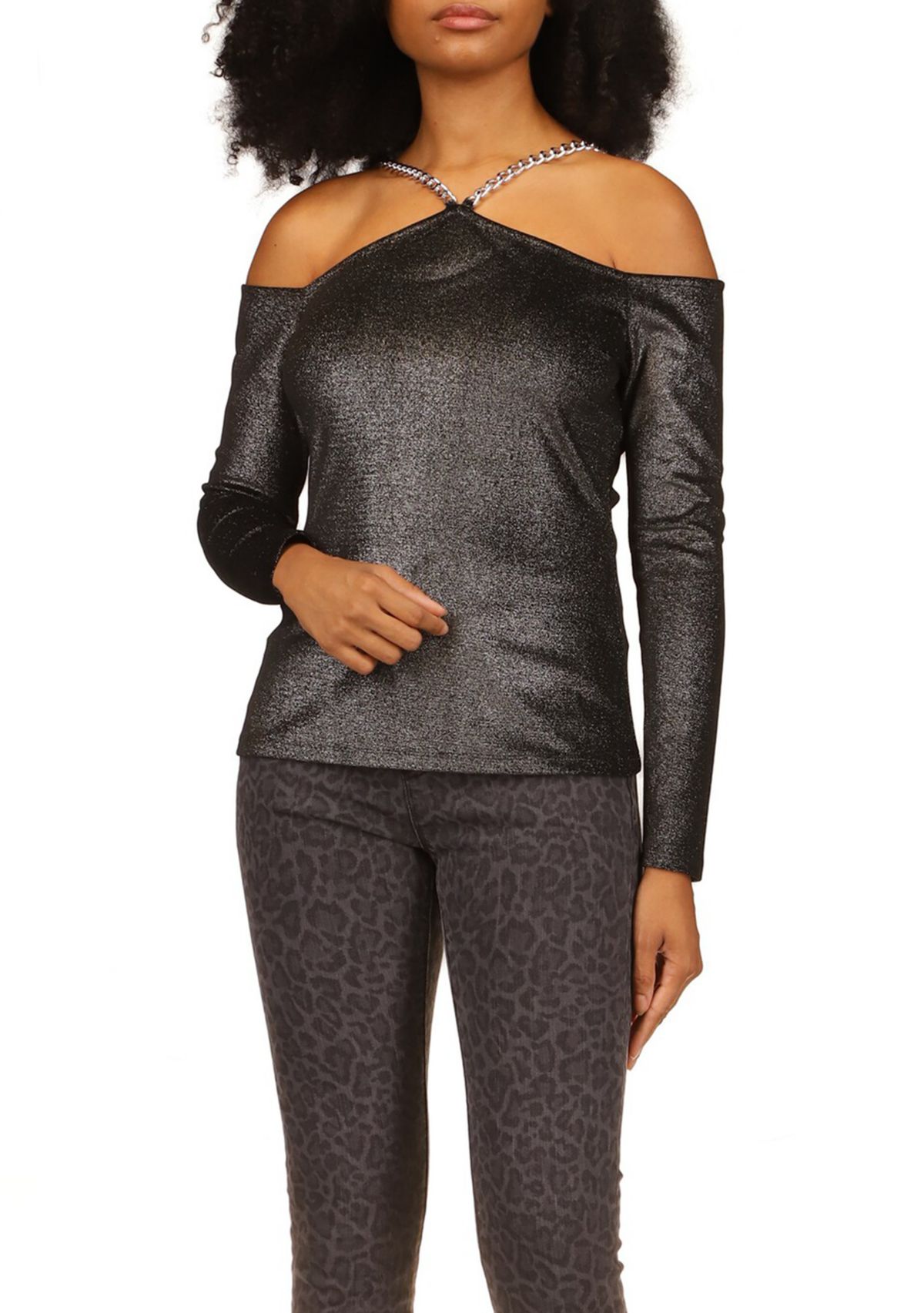 Womens Velvet Chain Cold Shoulder Top