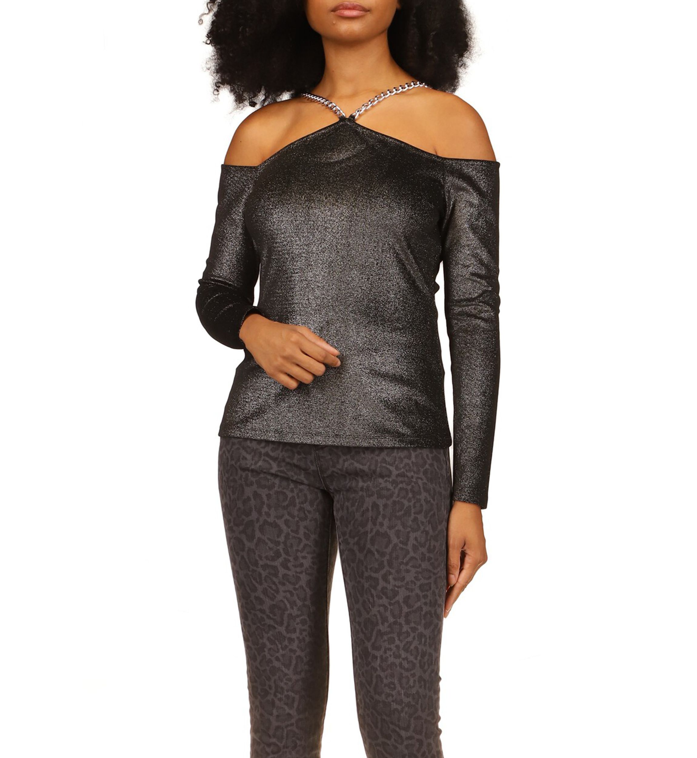 Womens Velvet Chain Cold Shoulder Top