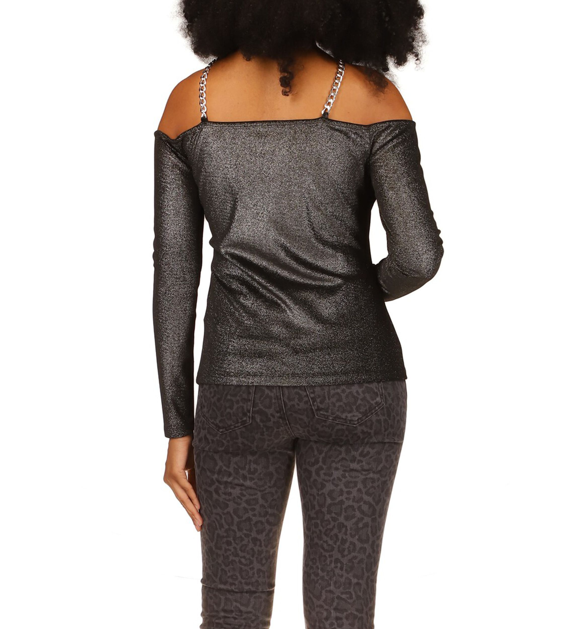 Womens Velvet Chain Cold Shoulder Top