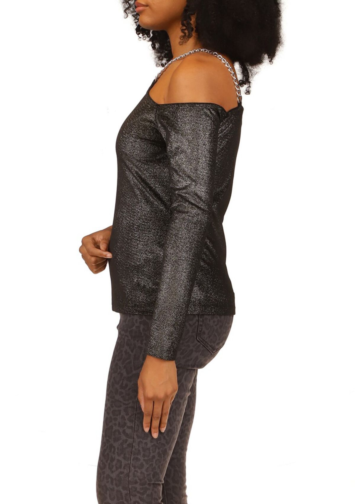 Womens Velvet Chain Cold Shoulder Top