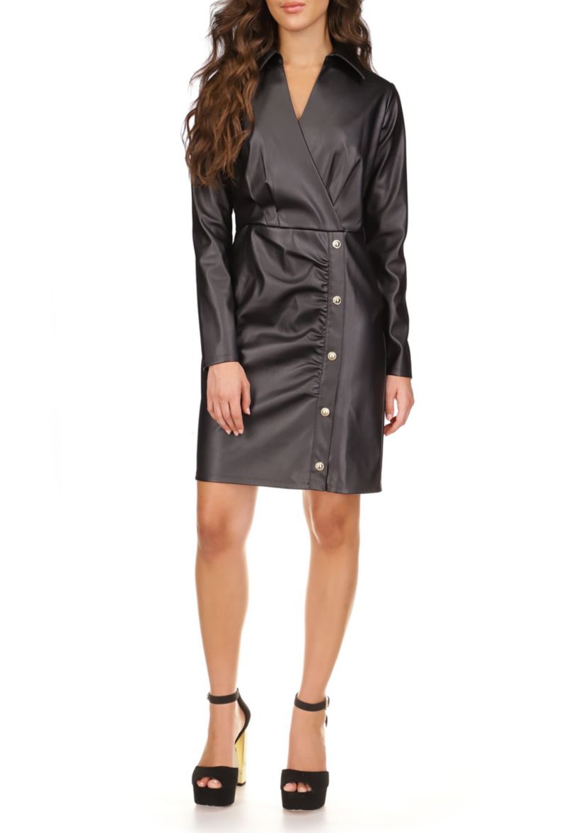 Womens Leather Long Sleeve Wrap Dress