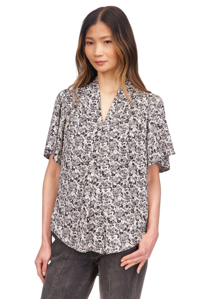 Womens Flutter Sleeve Ditsy Floral Printed Blouse