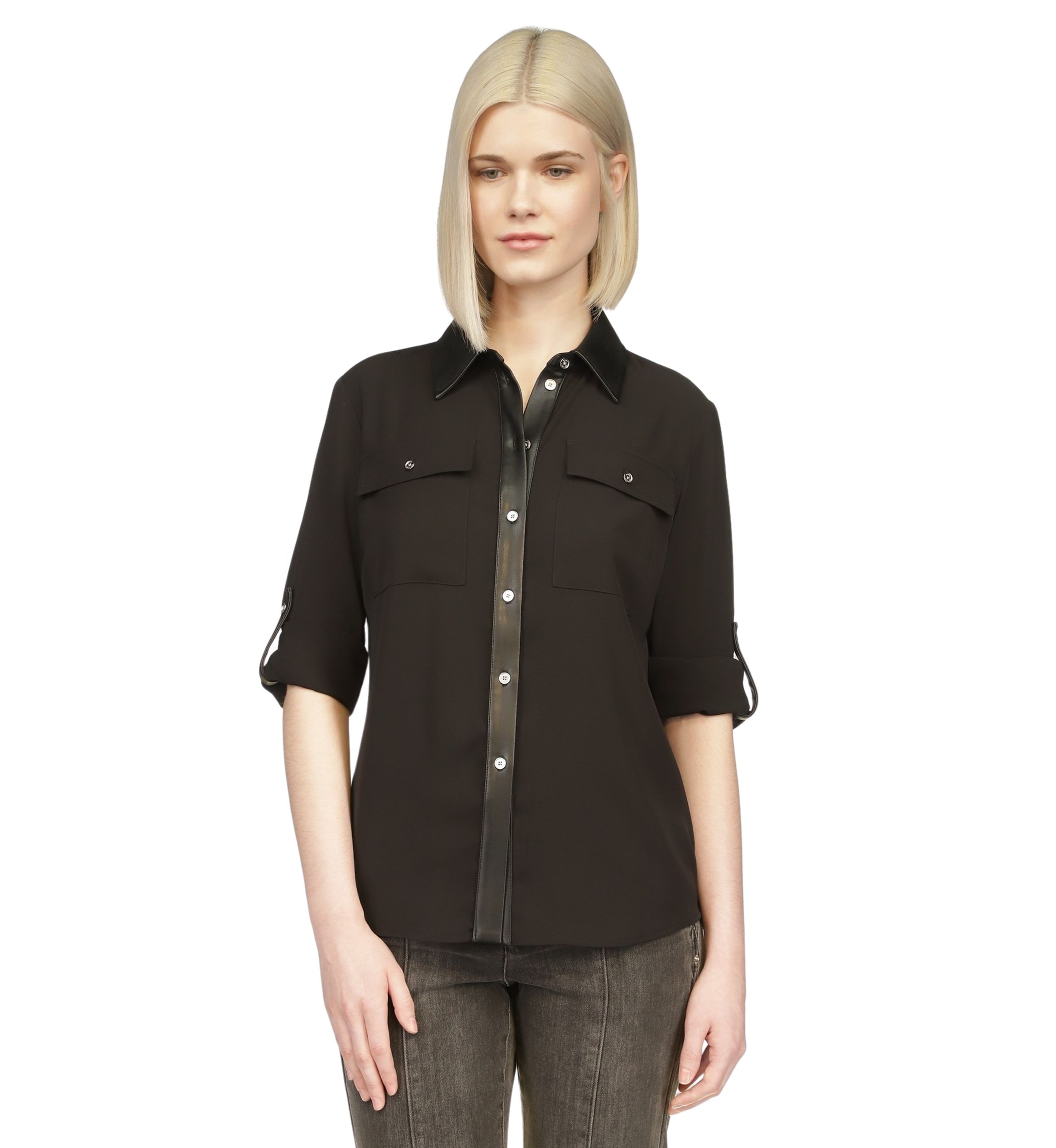 Womens Vegan Leather Trim Shirt