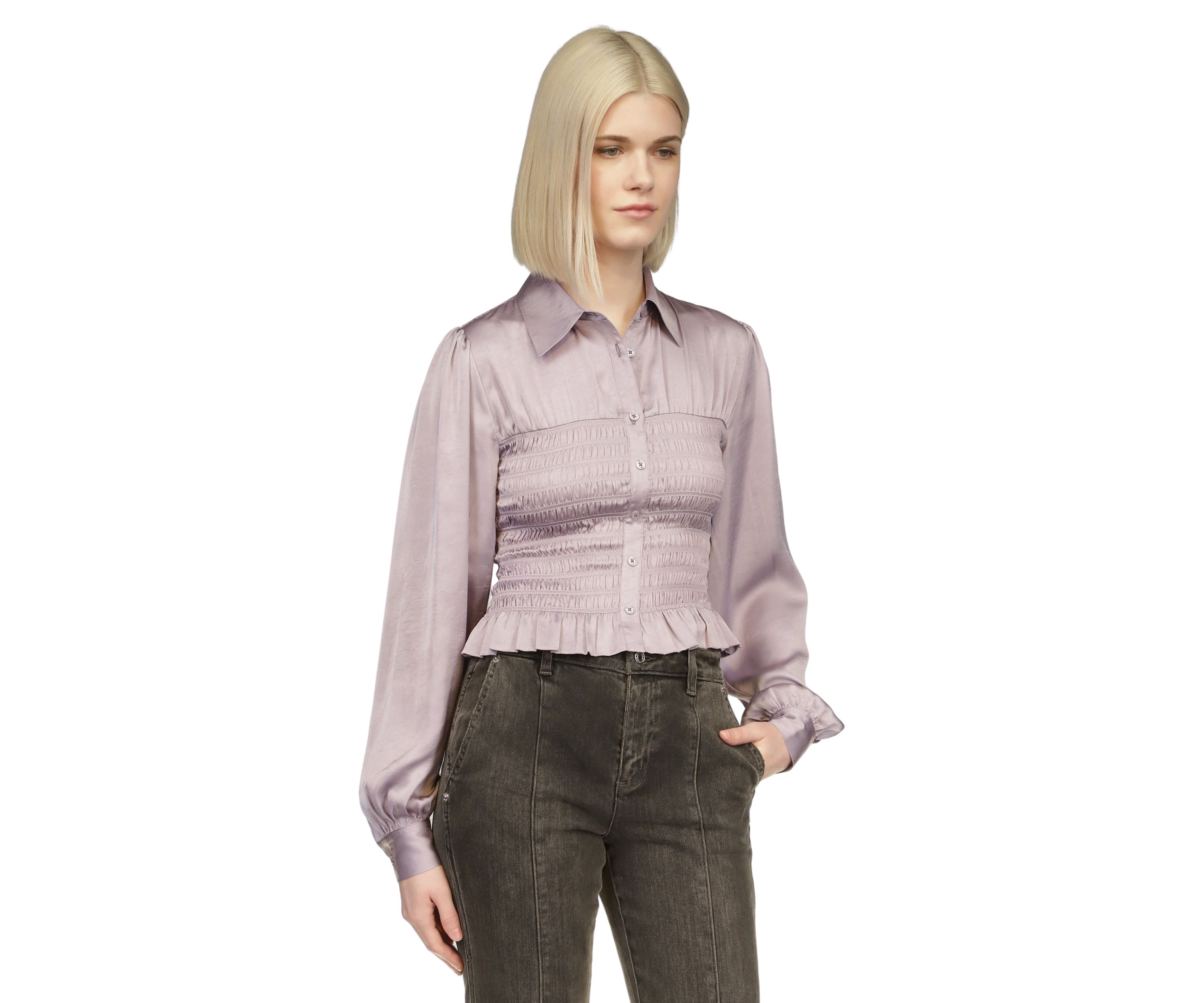 Womens Ruched Waist Long Sleeve Smocked Blouse