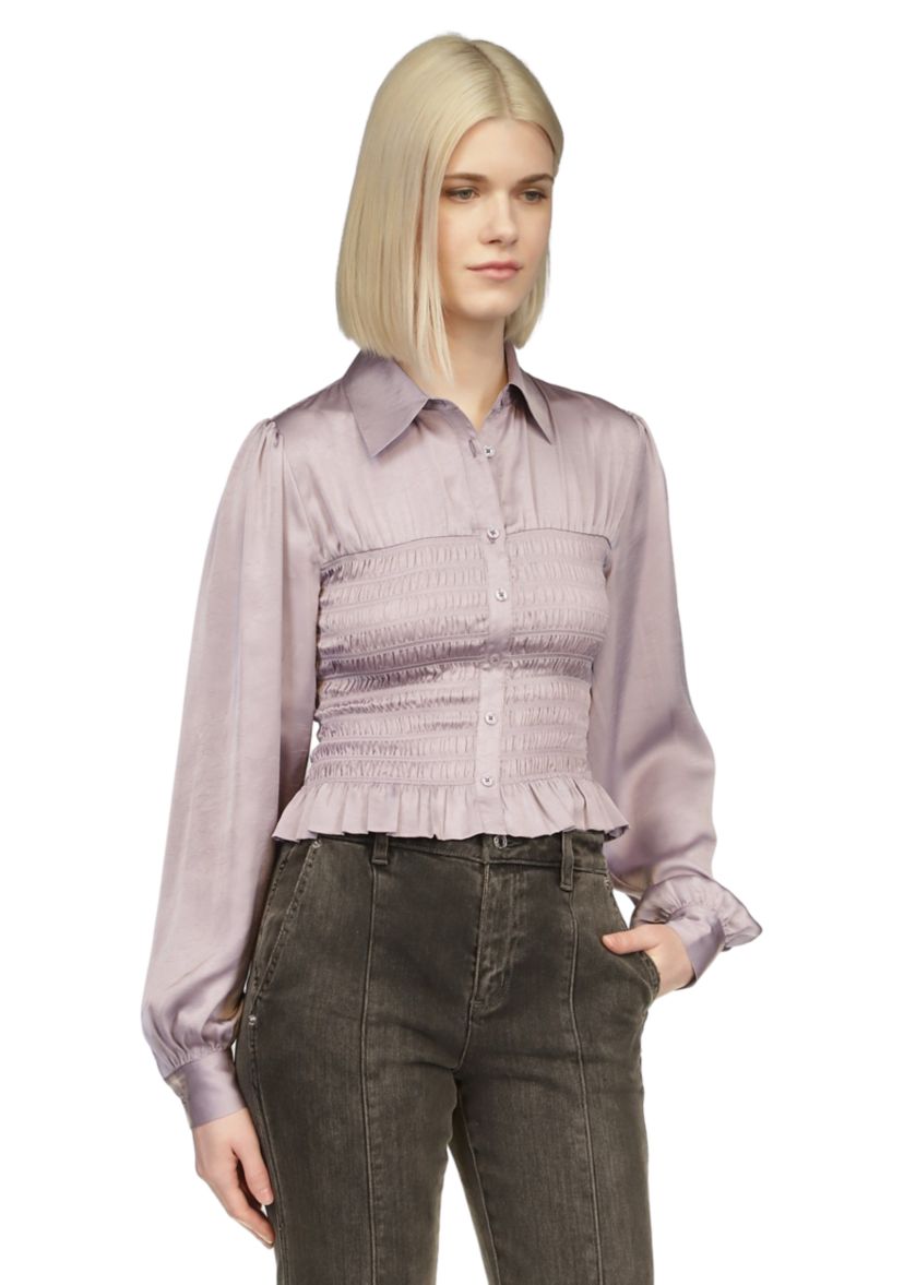Womens Ruched Waist Long Sleeve Smocked Blouse