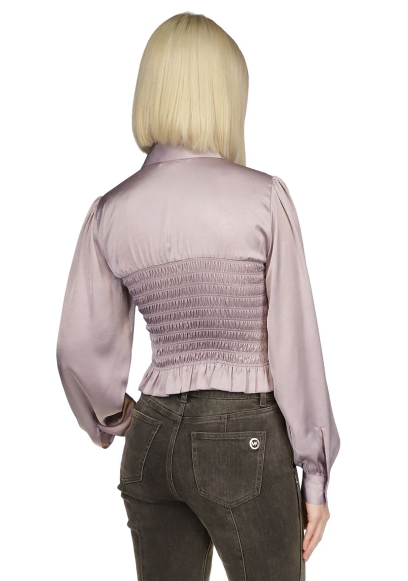 Womens Ruched Waist Long Sleeve Smocked Blouse