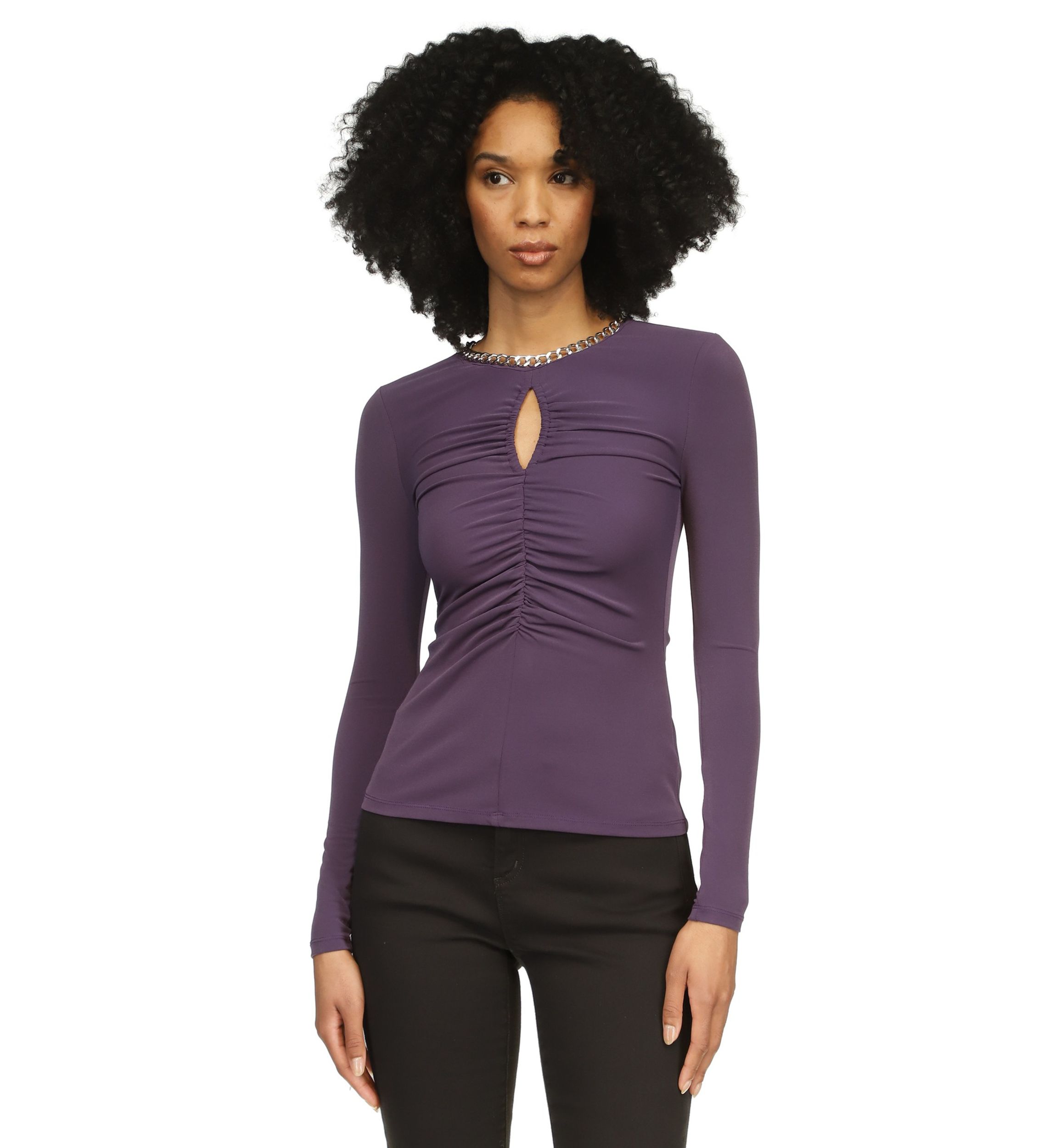 Womens Chain Neck Keyhole Cutout Blouse