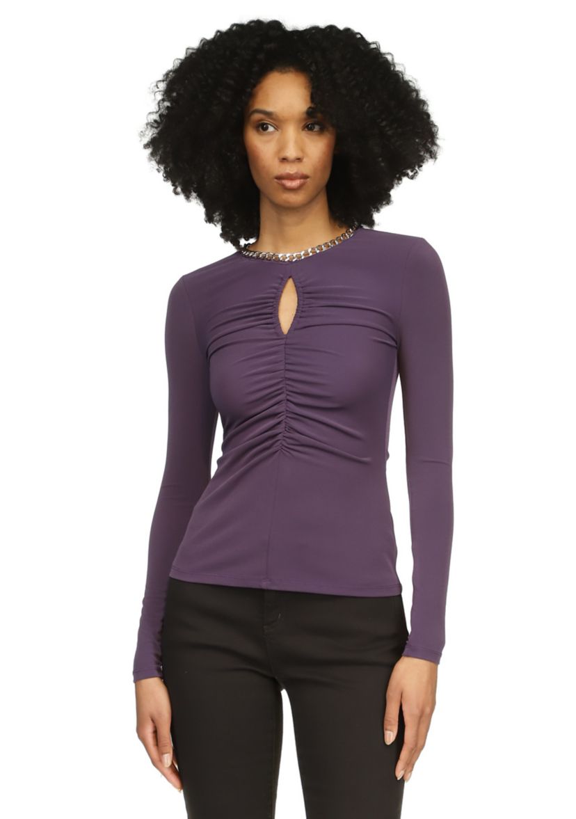 Womens Chain Neck Keyhole Cutout Blouse