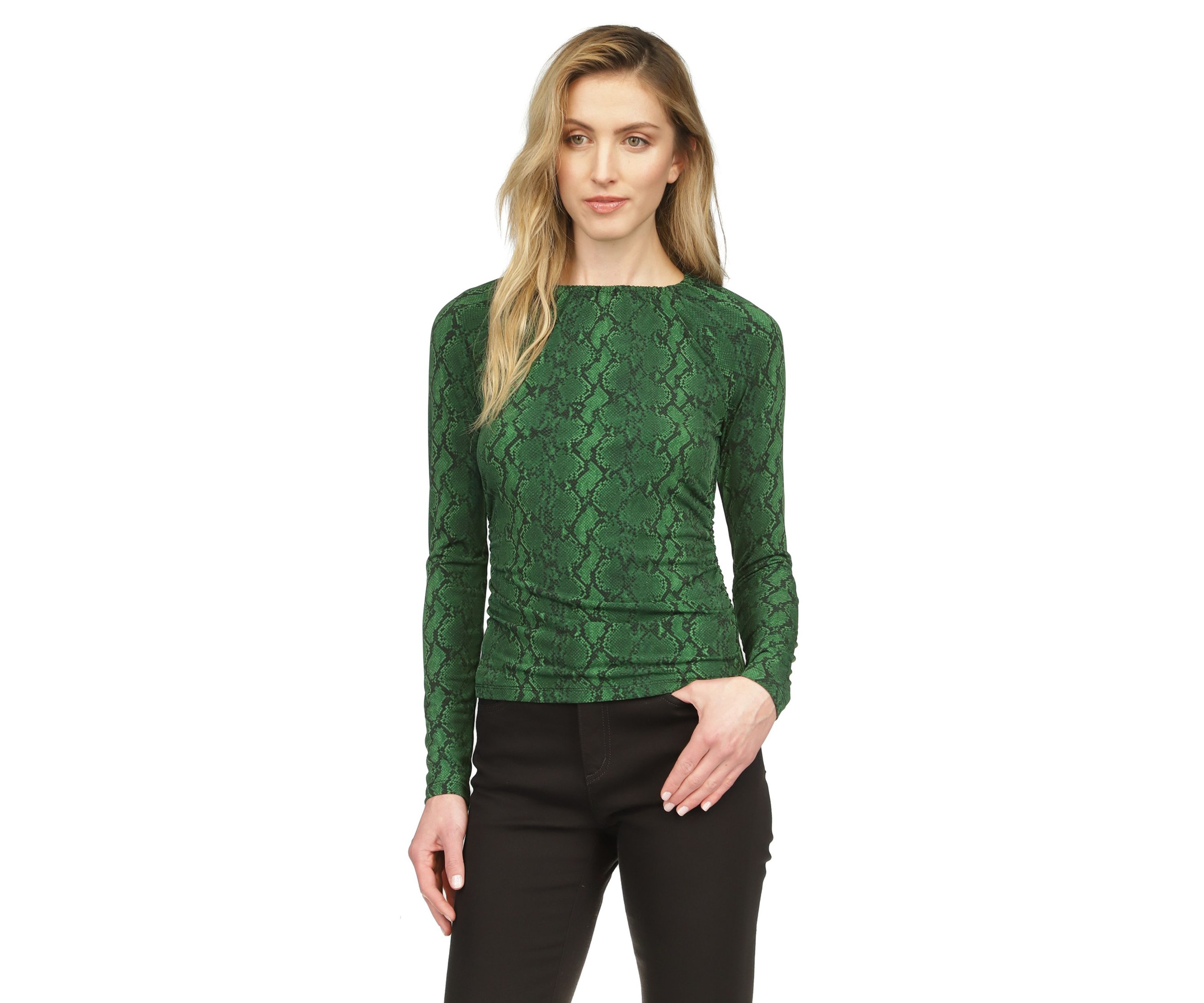 Womens Ruched Snakeskin Knit Top 