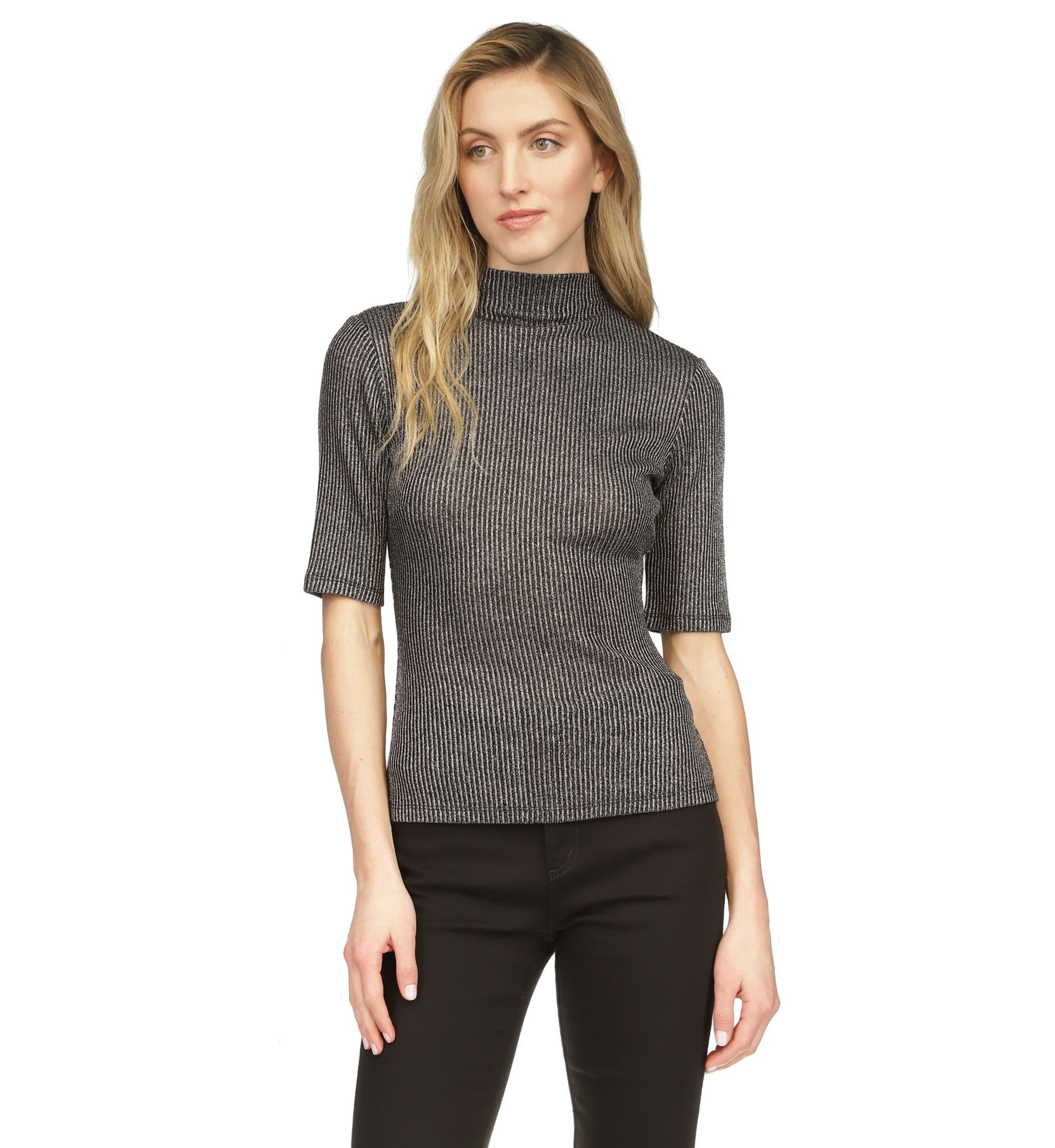 Womens Elbow Metallic Mock Neck Top 