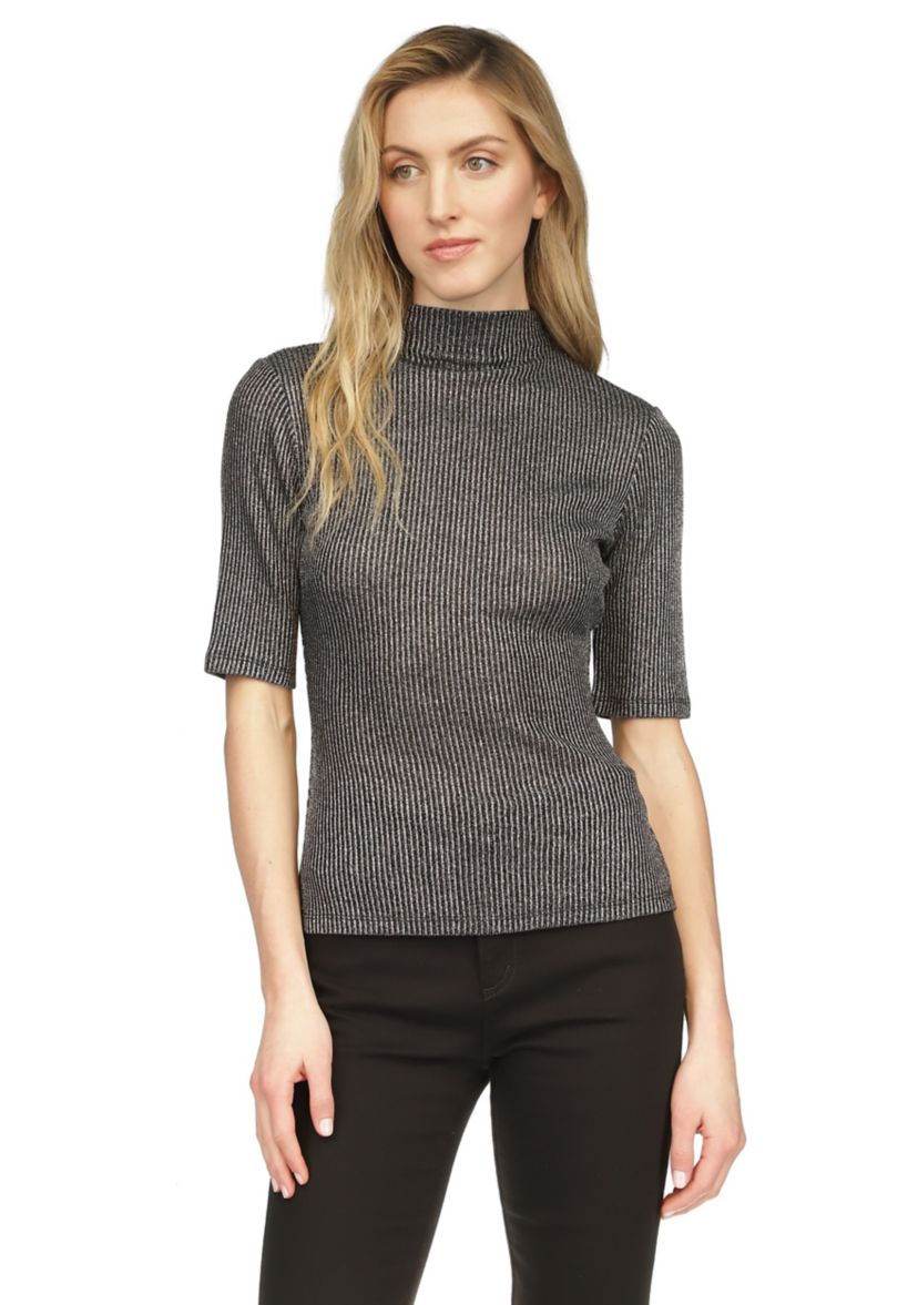 Womens Elbow Metallic Mock Neck Top 