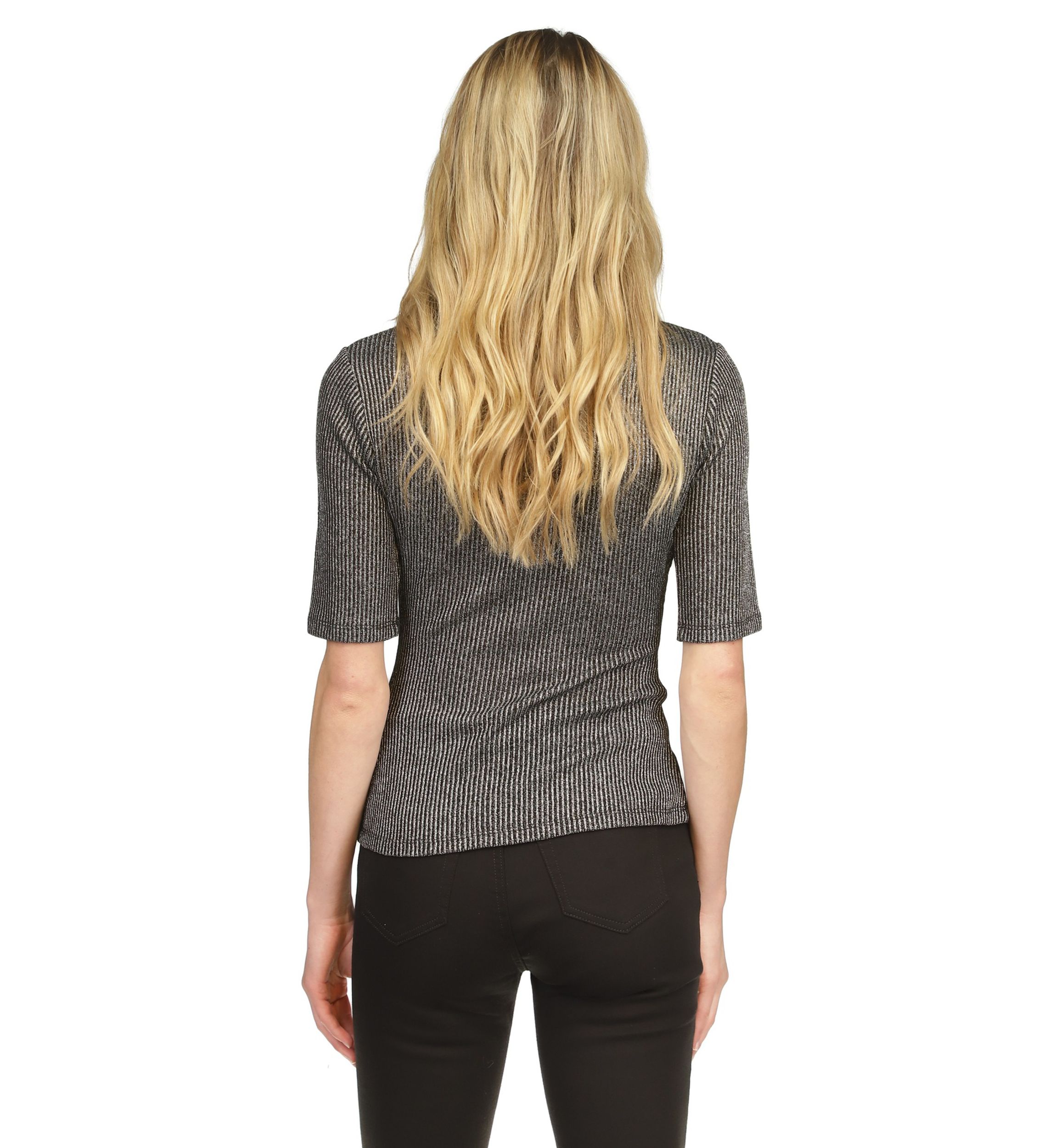 Womens Elbow Metallic Mock Neck Top 