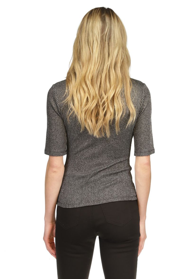 Womens Elbow Metallic Mock Neck Top 