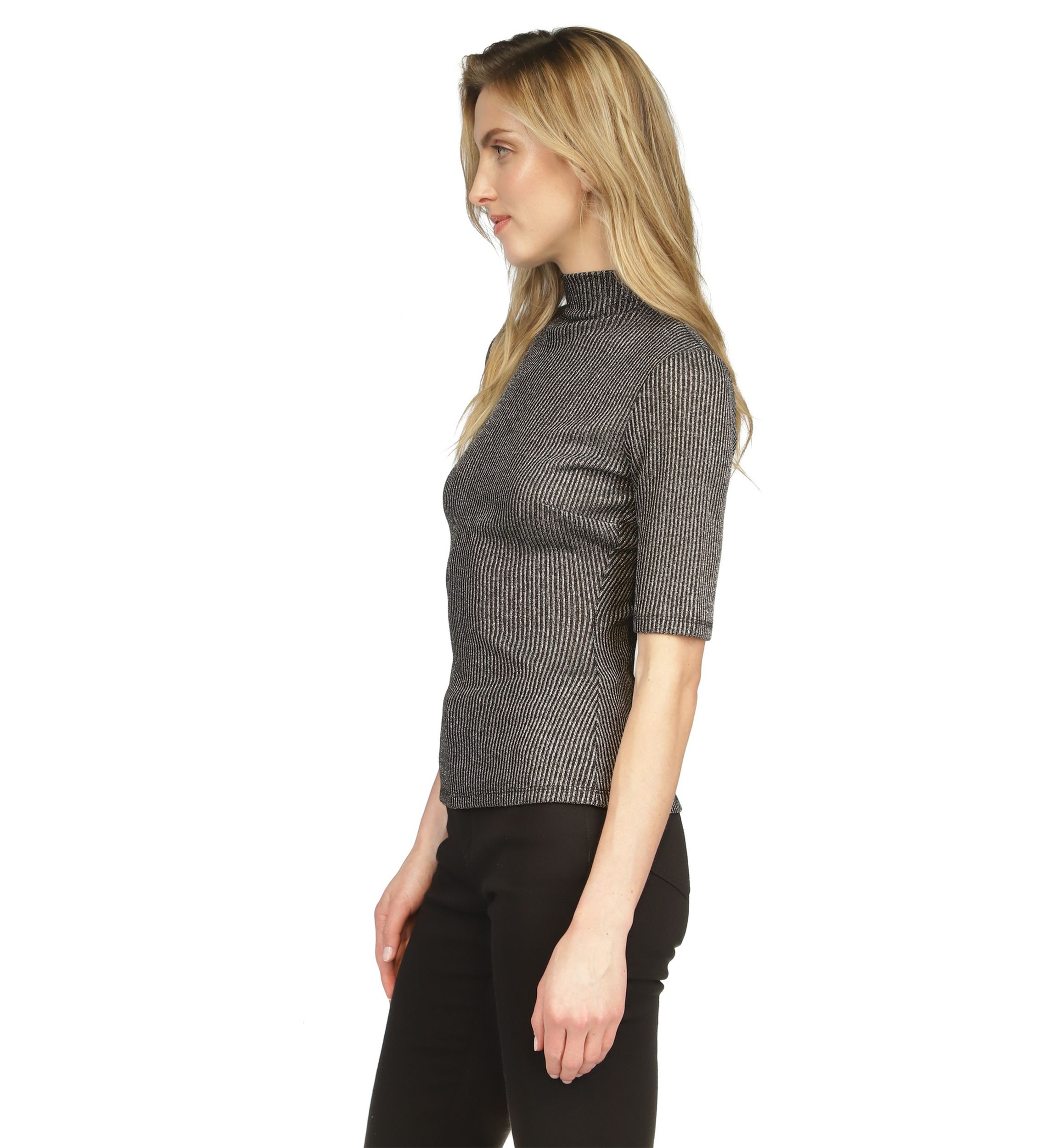Womens Elbow Metallic Mock Neck Top 