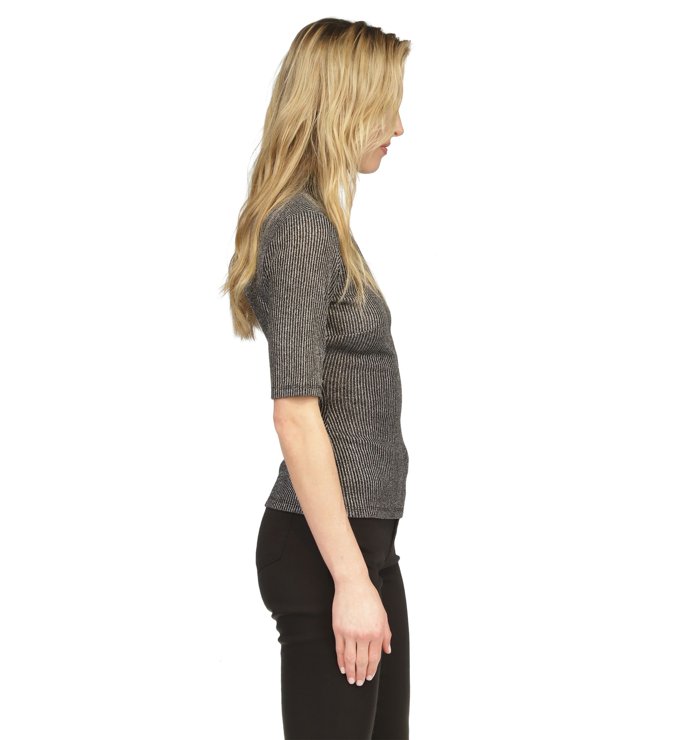 Womens Elbow Metallic Mock Neck Top 